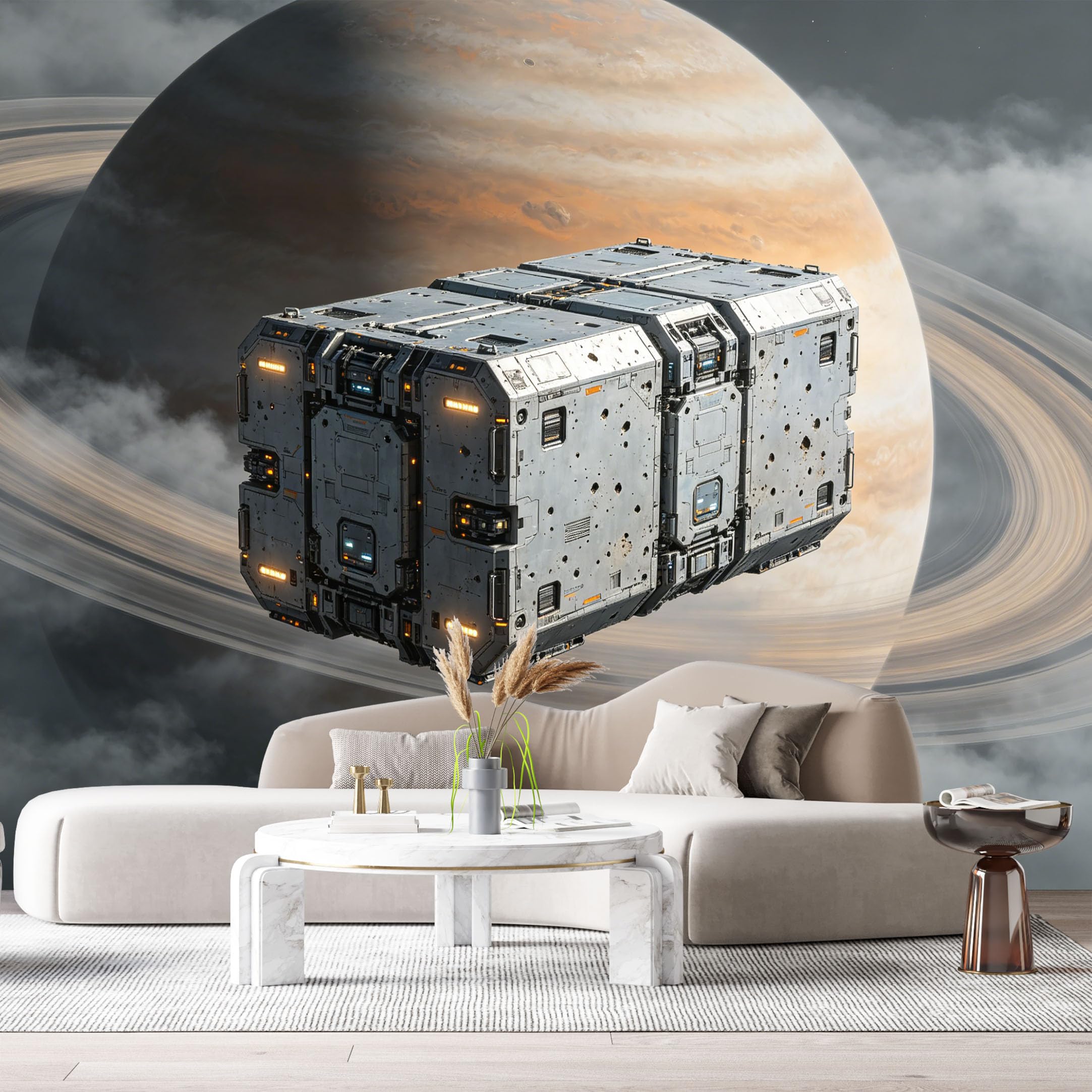 Custom Size Wall Mural Futuristic Space Cargo Ship Orbit Scene SciFi Industrial Style 3D Realistic Saturn View SelfAdhesive Art Prints Removable Large Wallpaper Esports Room Game Room Studio