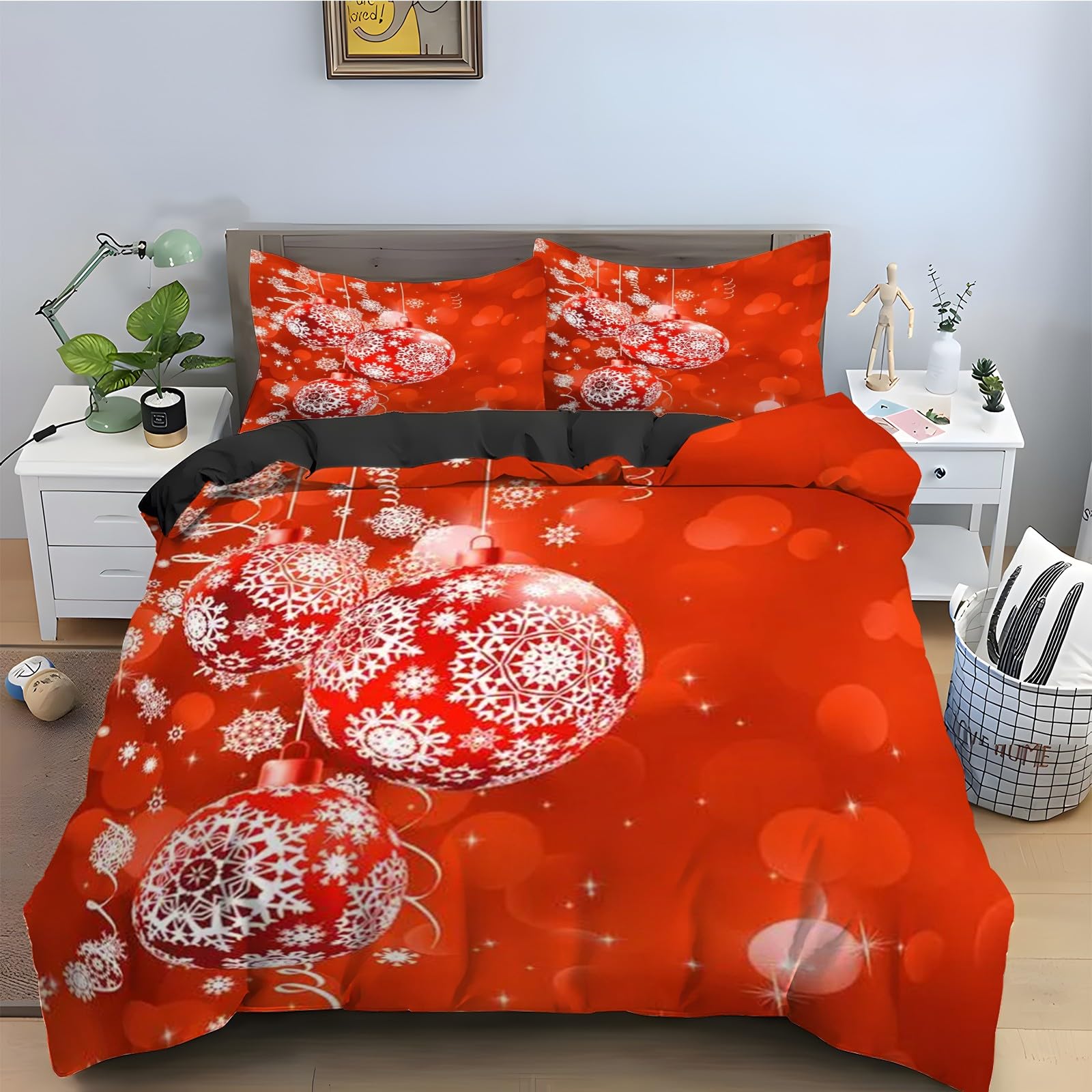 Housse de couette 240 x 260 boules de Noël parure de lit 3 pièces microfibre fermeture éclair