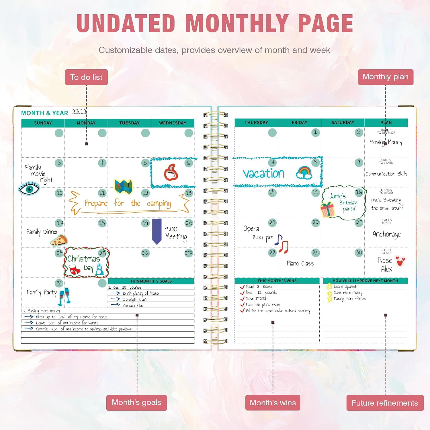 Ospelelf Undated Spiral Bound Planner Daily, Weekly and Monthly Planner, Pink Teacher Student Planner 12 Month 8.5 x 11 image 4