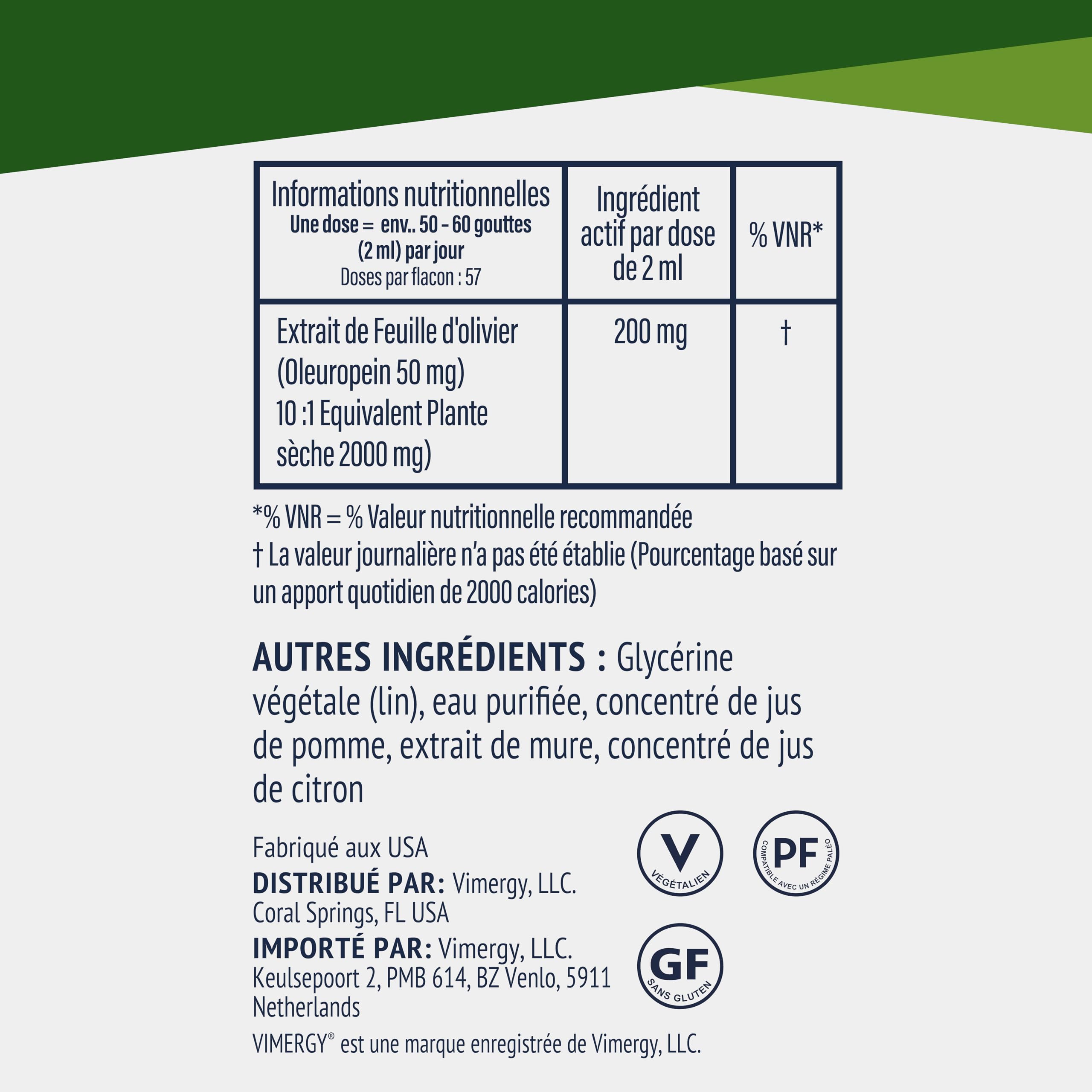 Vimergy Feuilles d'Olivier, 57 Portions – Extrait Feuilles Olivier Liquide – Complément Végétalien – Formulé sans Sucre ni Liant – Sans OGM et sans Gluten (115 ml)