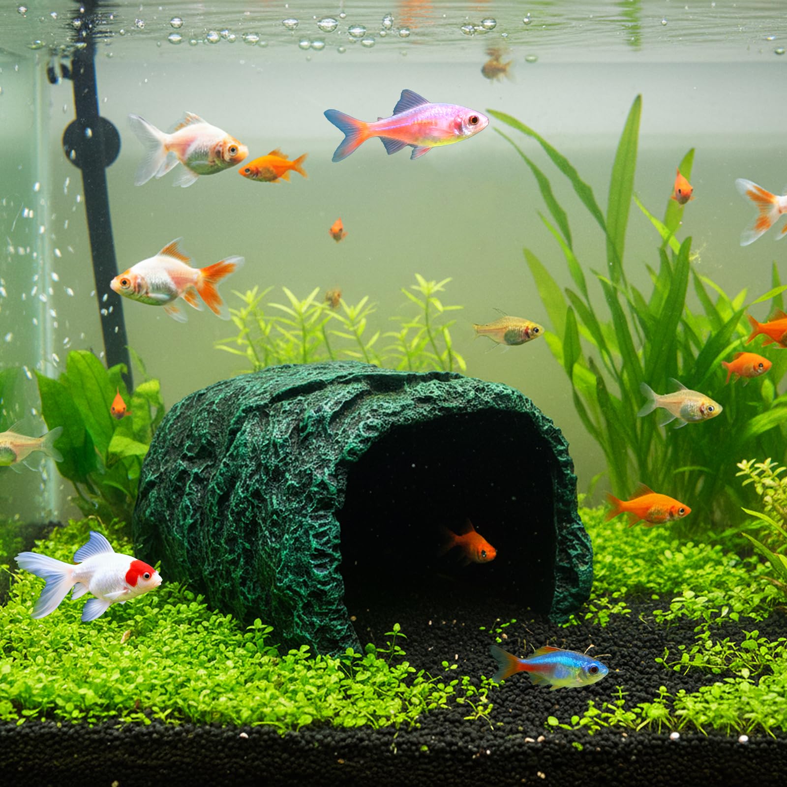 Cididu Cueva de roca para reptiles, hábitat de resina oculto para decoración de terrarios y acuarios, escondite verde para dragones barbudos, lagartos, serpientes, gecos, tortugas, animales pequeños