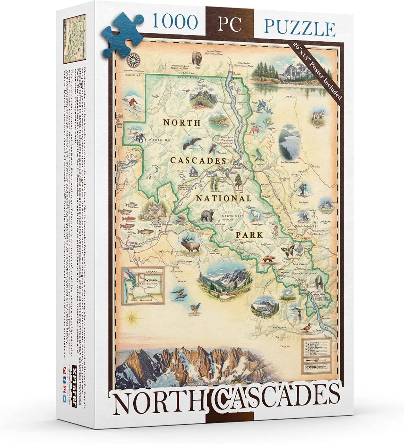 Alaska Inside Passage Map Jigsaw Puzzle – 1000 Pieces, Hand-Drawn Artwork, Educational Family Puzzle, Includes Poster – 19.8” x 26.4”