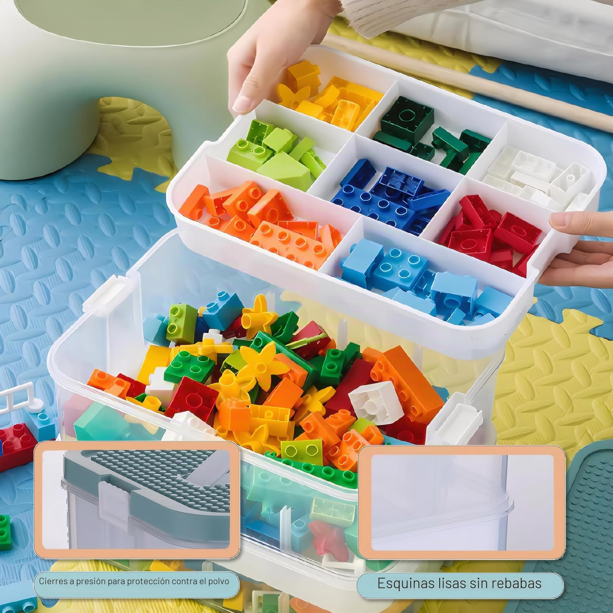 Cajas de almacenamiento, organizador transparente para juguetes, cajas de almacenamiento apilables de Lego con tapa, asa, contenedor de plástico con múltiples compartimentos para almacenar juguetes
