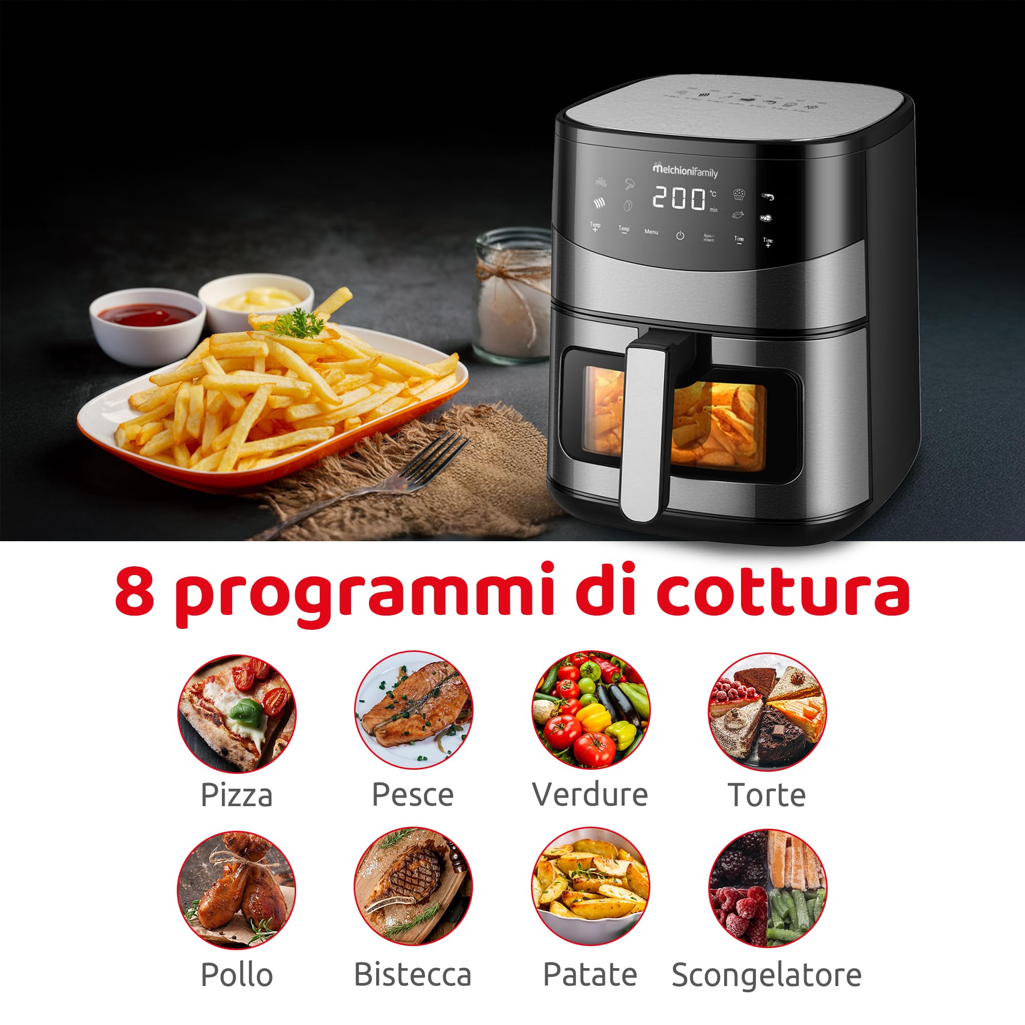 Melchioni Family | ARIANNA Friggitrice ad Aria 6,5L con Doppia Resistenza | Air Fryer con Display LED, 8 Programmi, Timer, Cestello con Finestra, 2000W