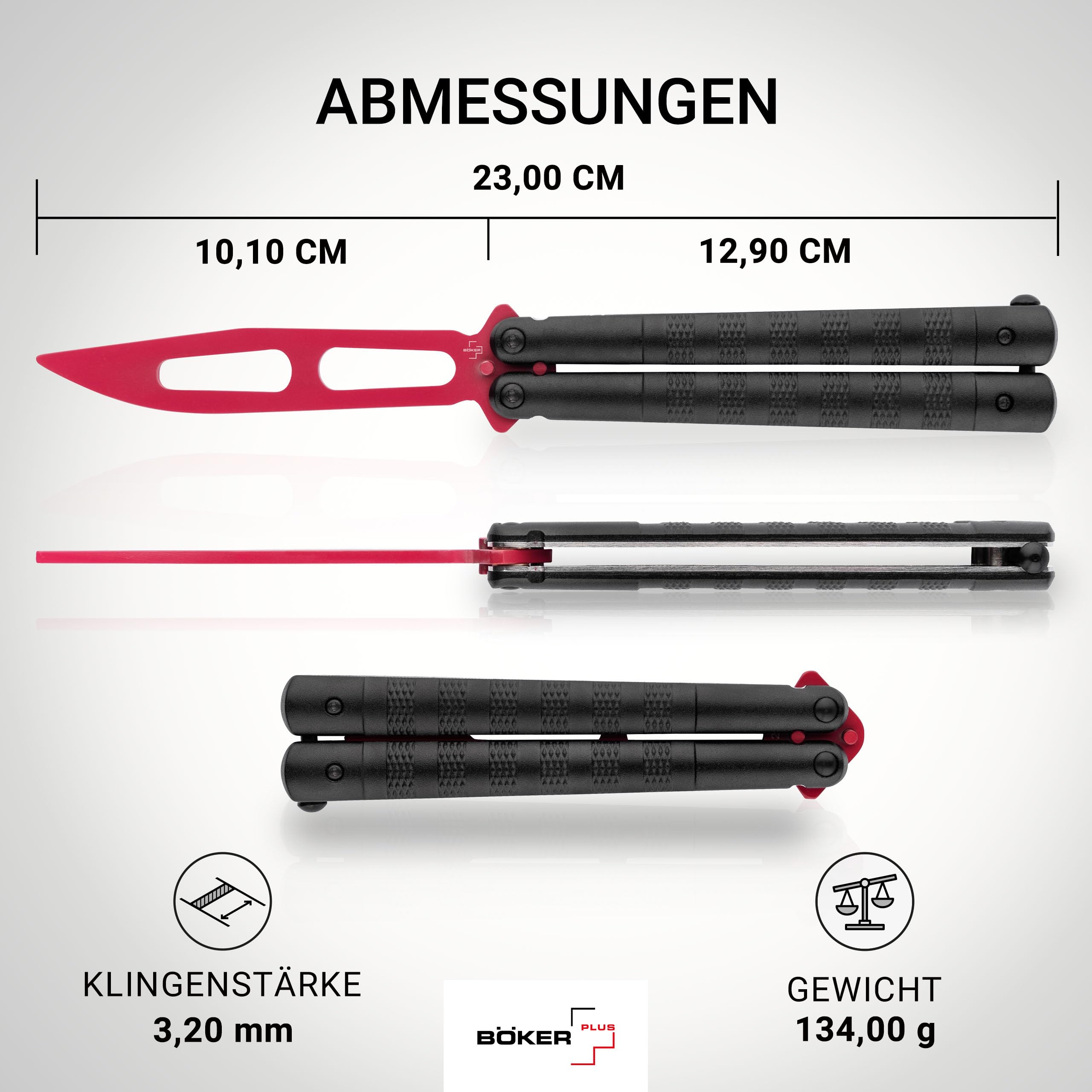 Böker PLUS® Relack Trainer – legales Balisong Trainingsmesser mit schwarzem Alu-Griff - Übungs-Messer mit roter Dummy Klinge ungeschärft - hochwertiges Butterfly Trainer Messer