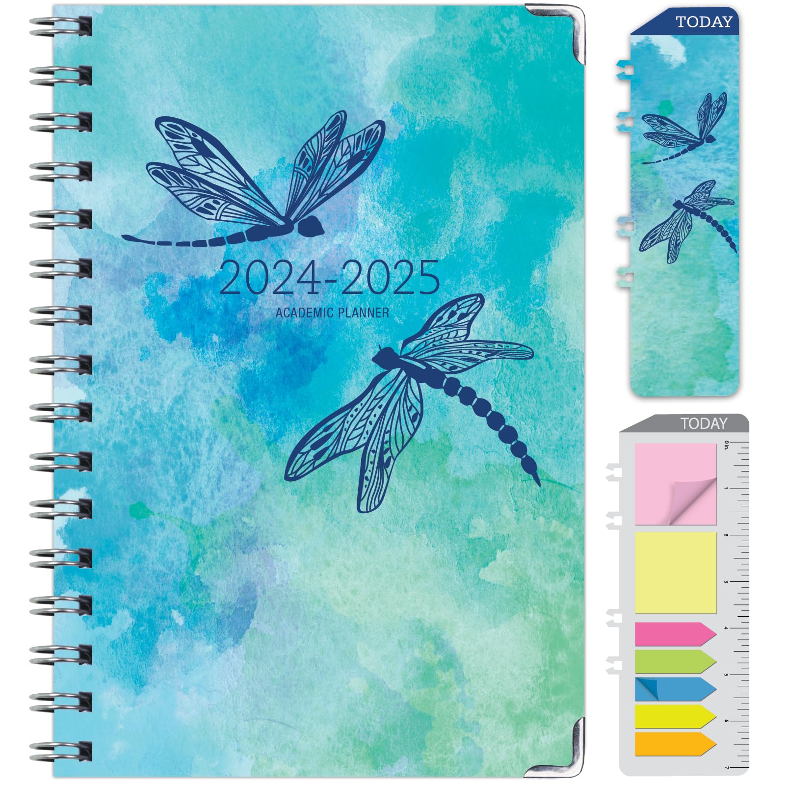 Photo 1 of HARDCOVER Academic Year 2024-2025 Planner: (June 2024 Through July 2025) 5.5"x8" Daily Weekly Monthly Planner Yearly Agenda. Bookmark, Pocket Folder and Sticky Note Set (Dragonflies) MEDIUM: 5.5" x 8"
