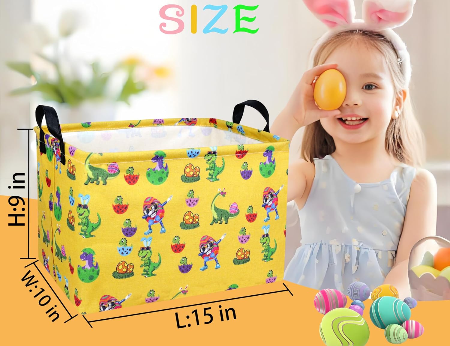 Rectangle Empty Easter Baskets Boy Large Toy Storage Bin Girls collapsible Hamper Waterproof Canvas Box Kid Gifts Spring Decor( Sunglasses Dinosaur Egg ) image 2