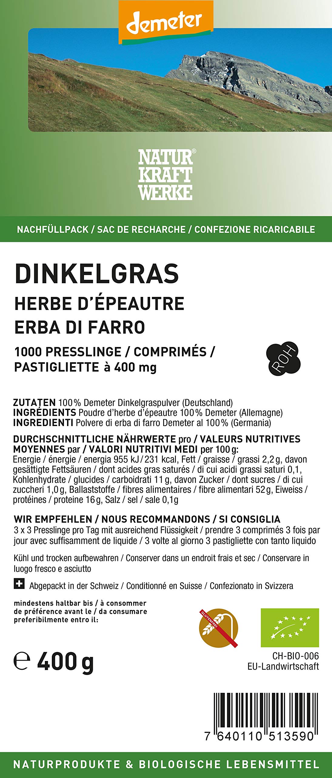 Dinkelgras Demeter, 1000 Presslinge à 400 mg