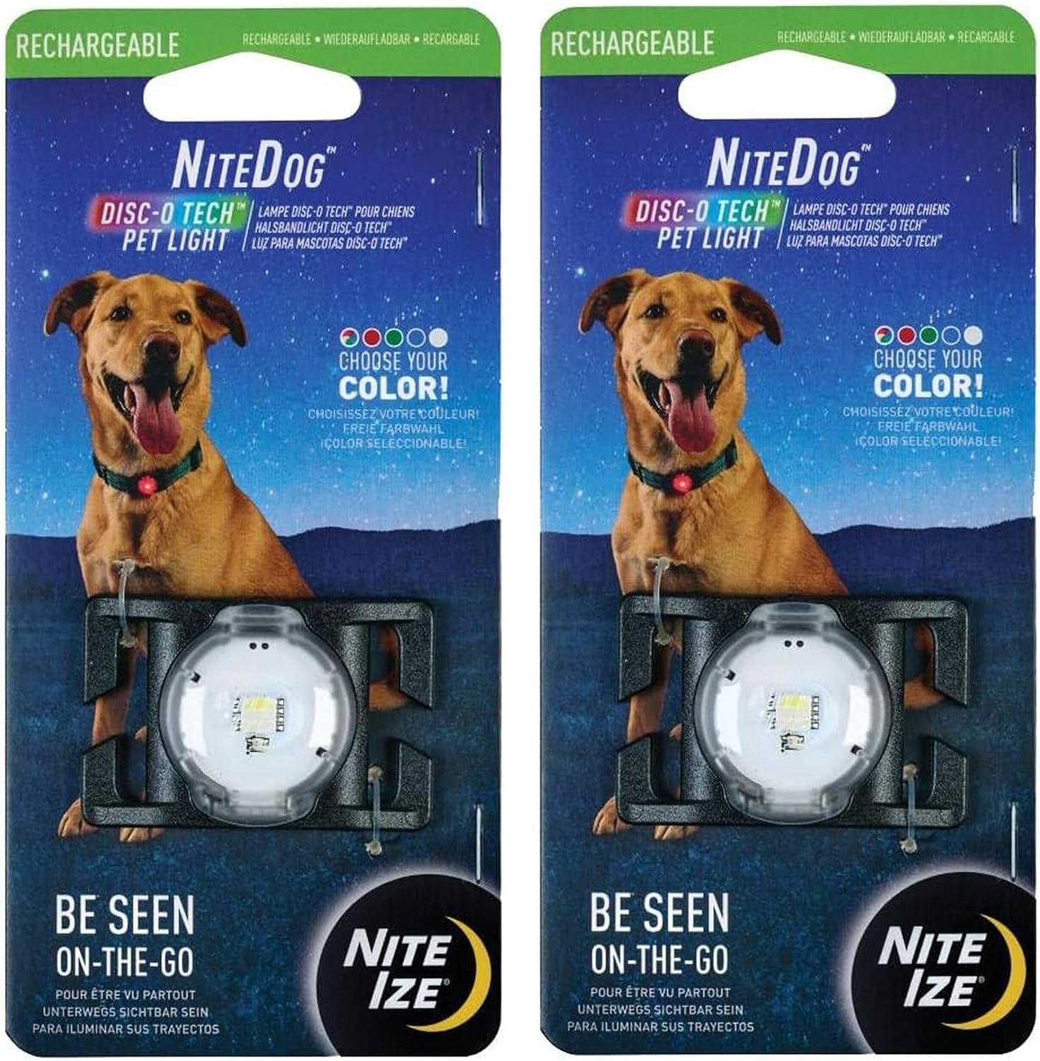 Nite Ize NiteDog Rechargeable Dog Collar Light - Weatherproof Disc-O Tech 4 Colors, 5Hr Battery, 2 Pack for Night Walks & Camping
