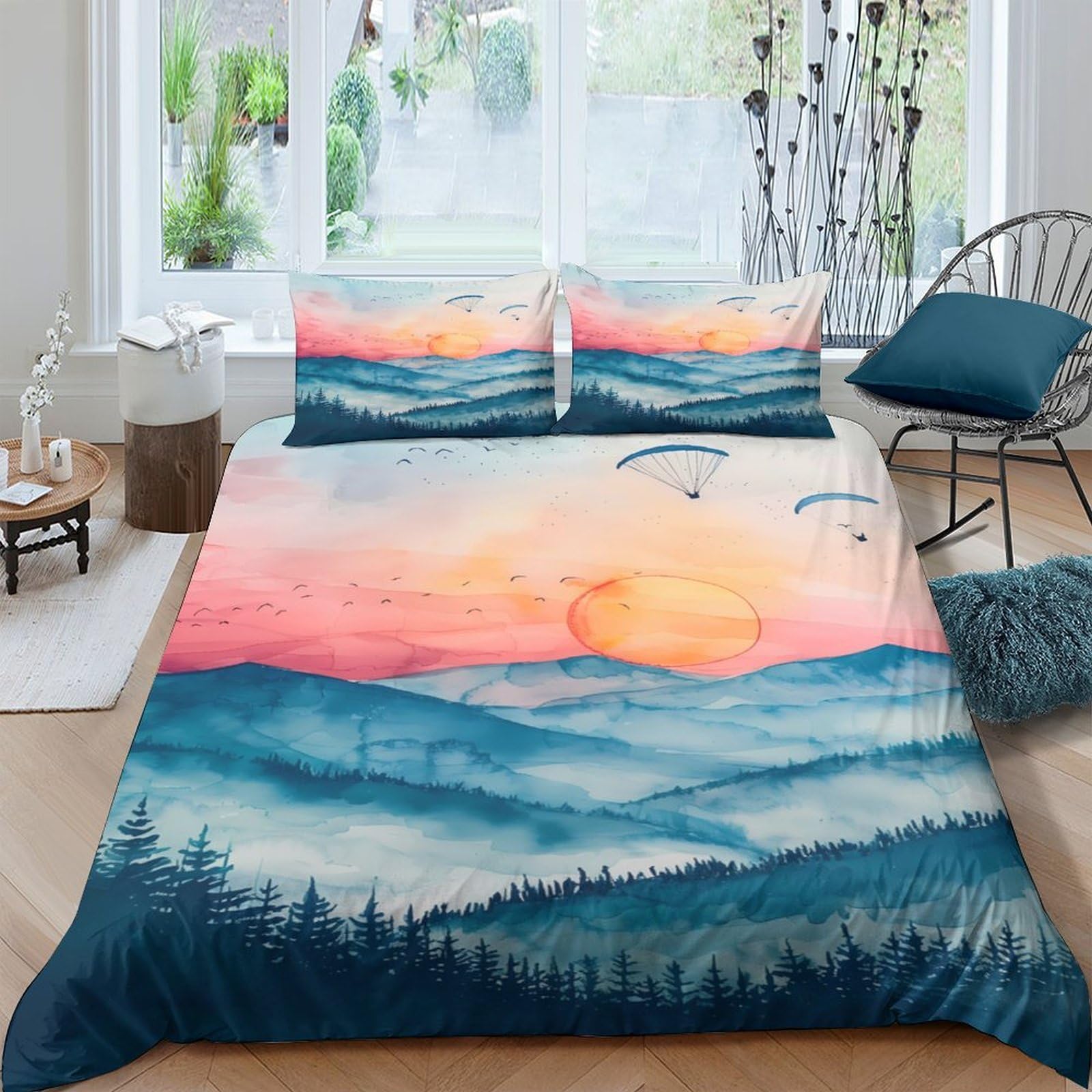 Ctjqhvkz Style-8 3D Printed Sunset Mountain Fitted Sheet Microfiber Soft Breathable Paragliding Mattress Cover For Bedroom Decor Single（135X200cm）
