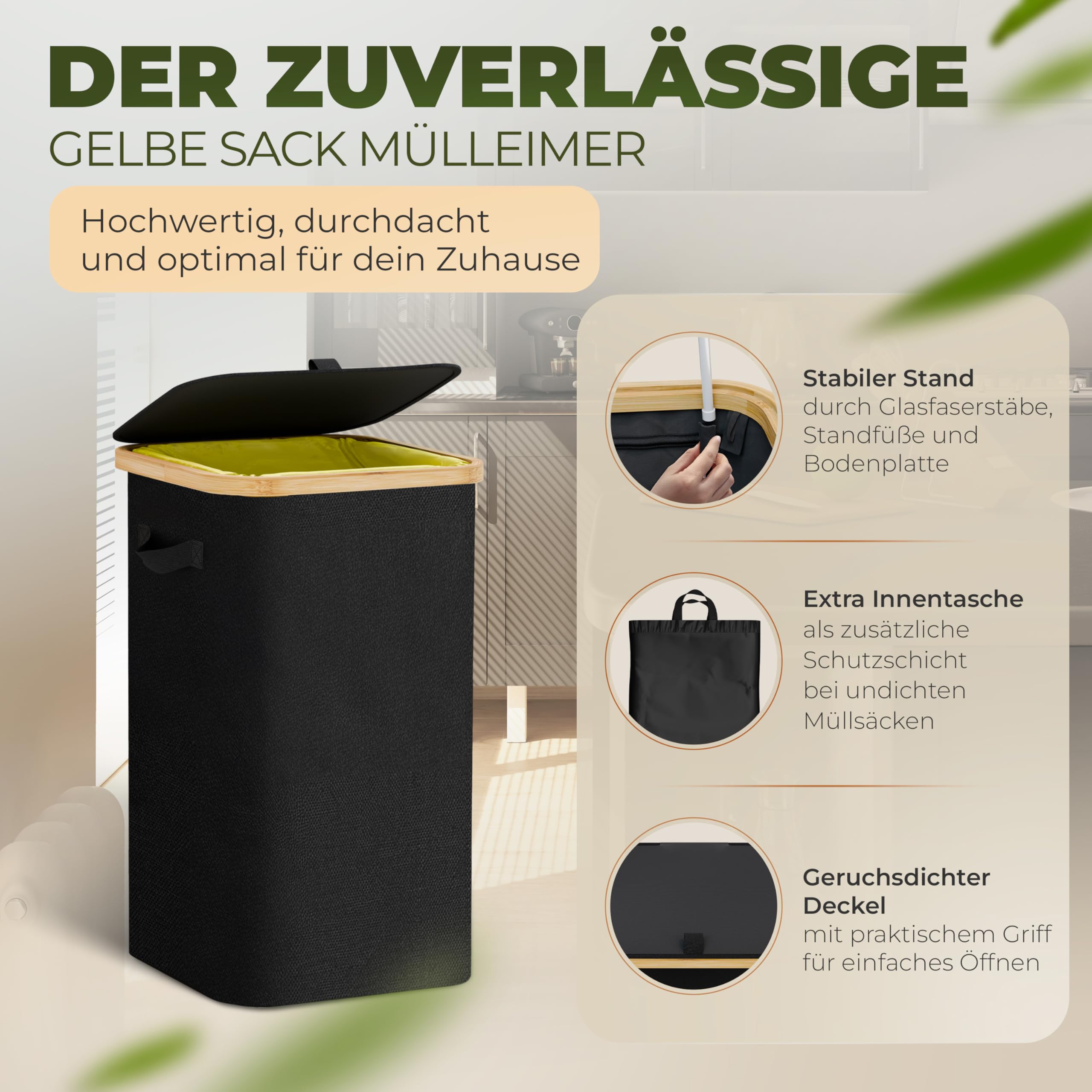 COTTARA® Gelber Sack Ständer Mülleimer mit Deckel Müllsackständer für Gelbe Säcke mit Bambusrahmen und Reißverschluss auf Rückseite, 60-120L Müllsystem Behälter für Recycling schwarz