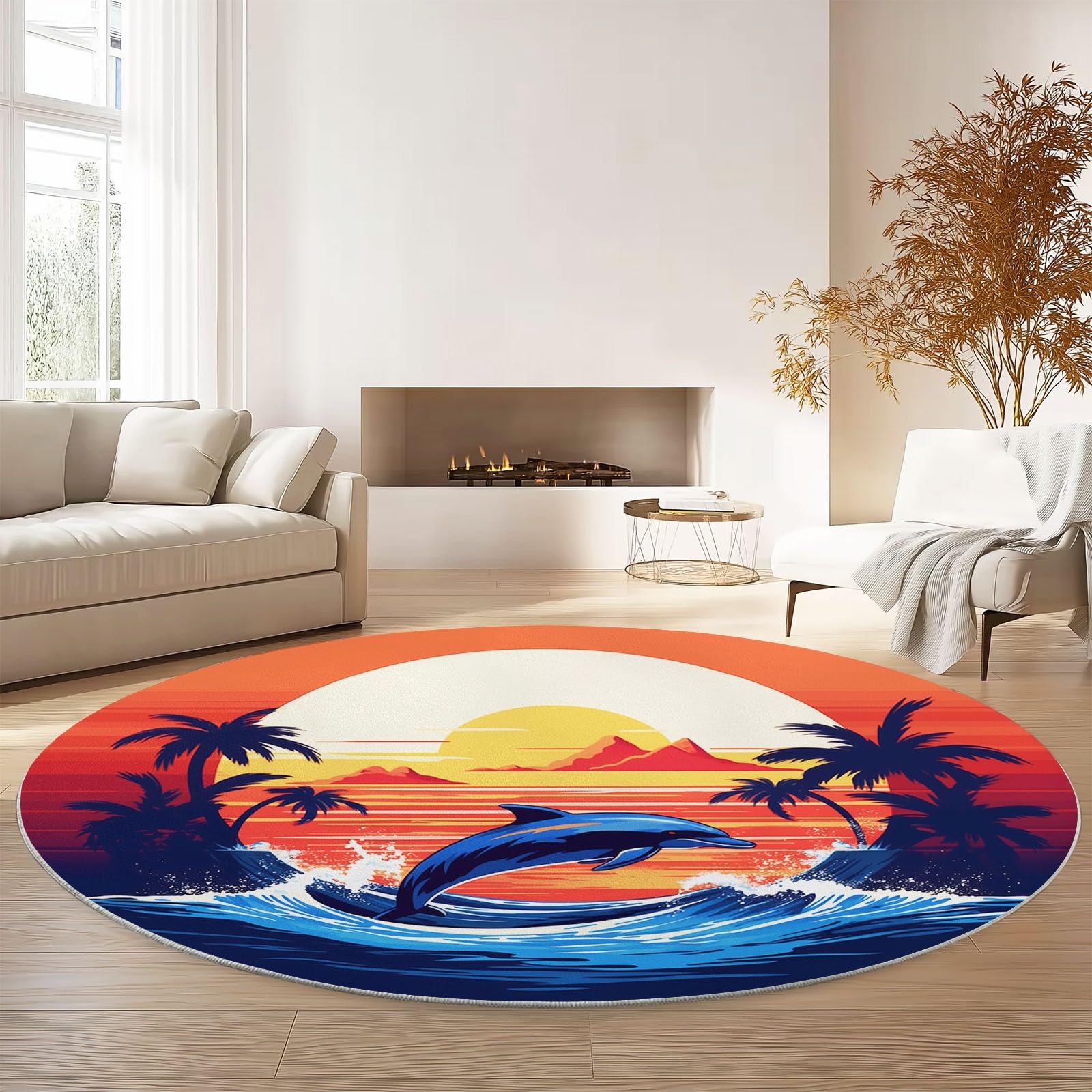 Tappeto Rotondo da 120 cm a Pelo Corto, con Motivo di Delfini e Tramonto, Antiscivolo e Senza Perdita di Pelo. Adatto per Soggiorno, Camera da Letto, cameretta dei Bambini, Ufficio