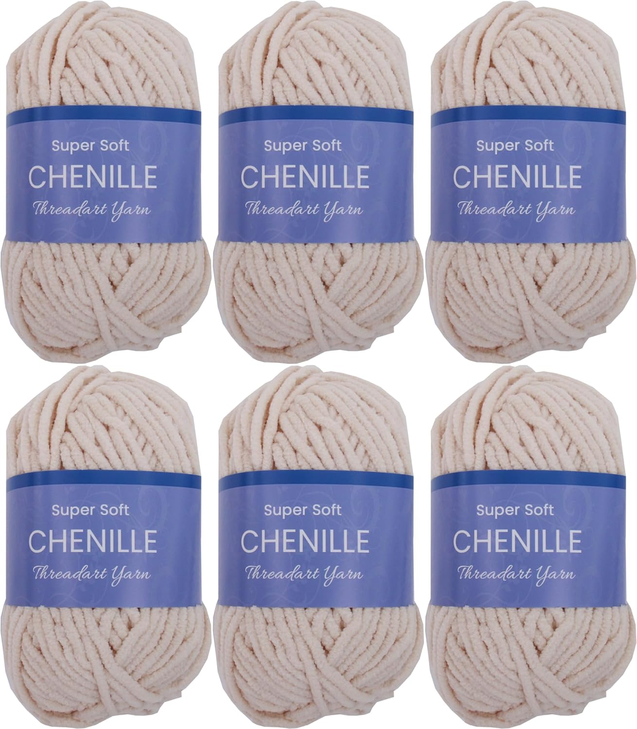 6 Pack ThreadArt Chenille Yarn for Crocheting, Knitting, Amigurumi, Super Soft Plush Velvet Yarn - 50 Gram 60 yds #5 Fluffy Yarn Skeins - Beige 31