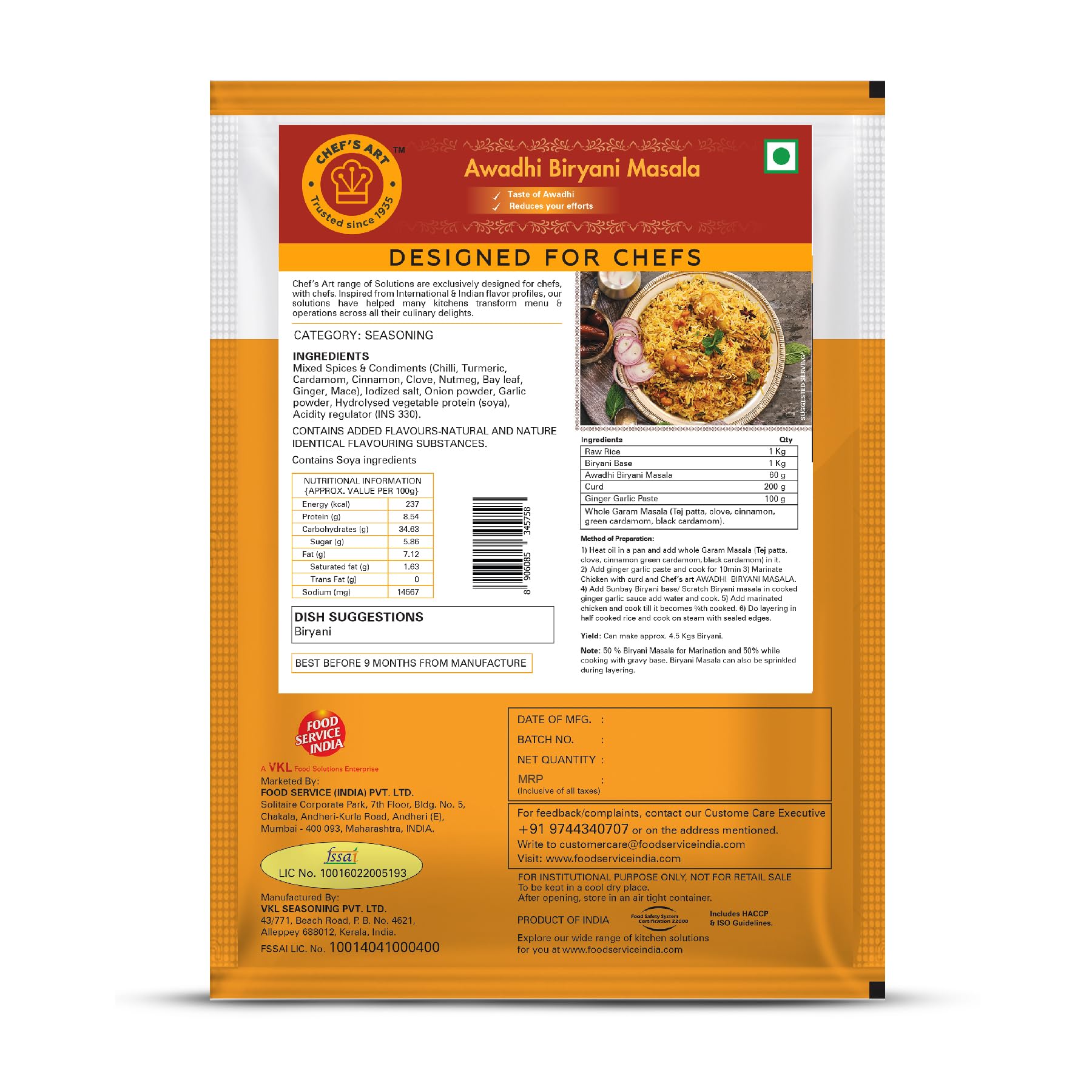 Chefs Art Awadhi Biryani Powder Masala - 500g | (Veg Mix, Upto 4.5 Kg Biryani) | Ready To Cook Biryani Masala | No Preservatives Or Artificial Colors | Versatile Seasoning Masala Mix for Biryani & Kebabs (B0CWHC531N) Amazon Price History, Amazon Price Tracker