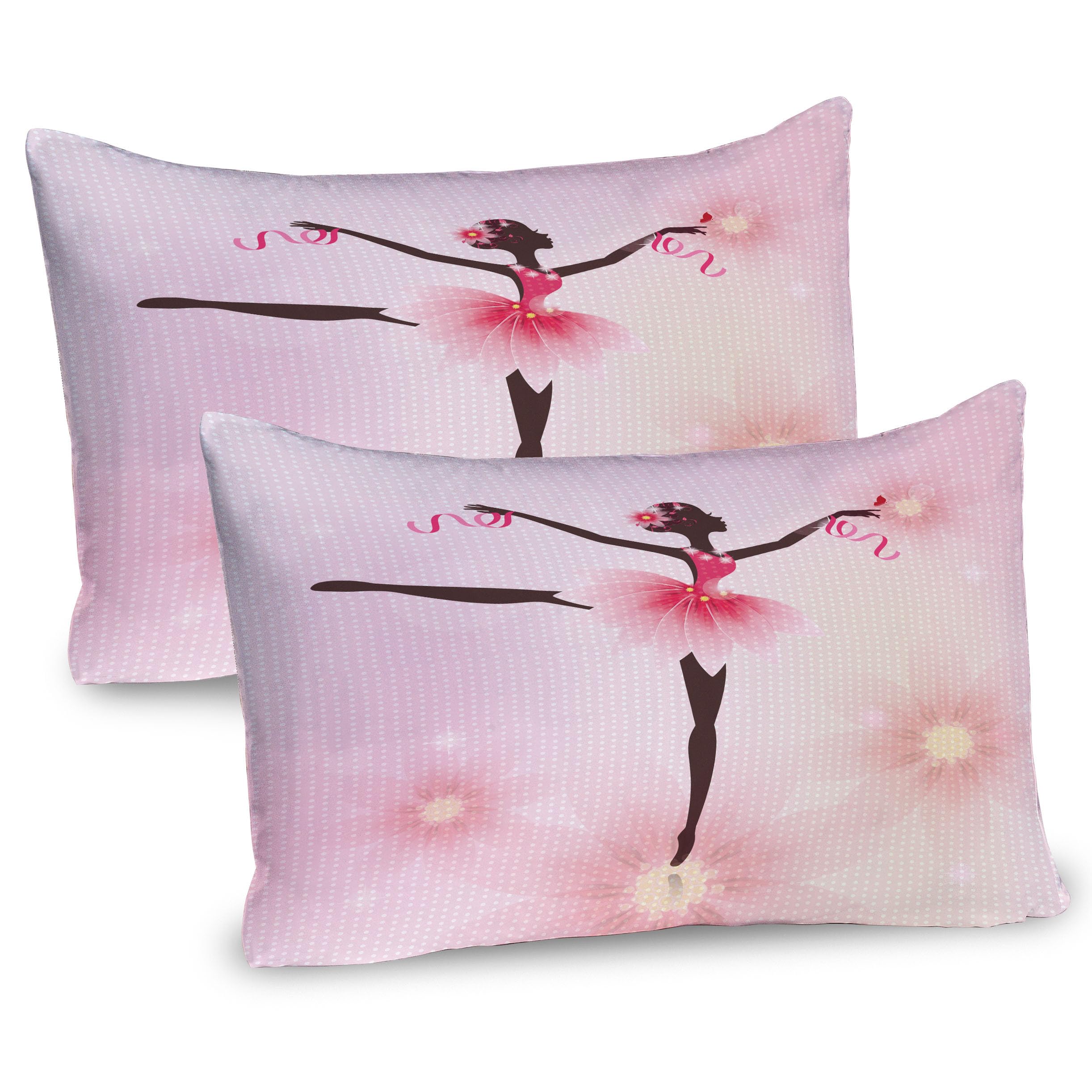 Ambesonne Girls Pillow Sham Set of 2, Ballerina Silhouette with a Tutu on Dotted Floral Background Feminine, Quality Microfiber Bedding Item for All Seasons, 30