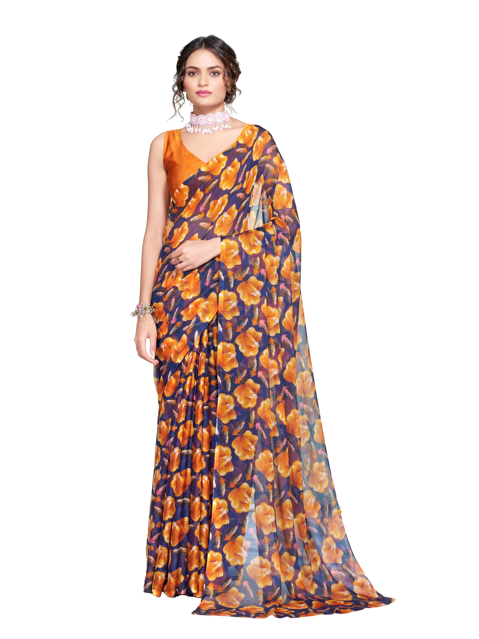 Chiffon All-Over Floral Printed Lightweight & Elegant Saree-image-16