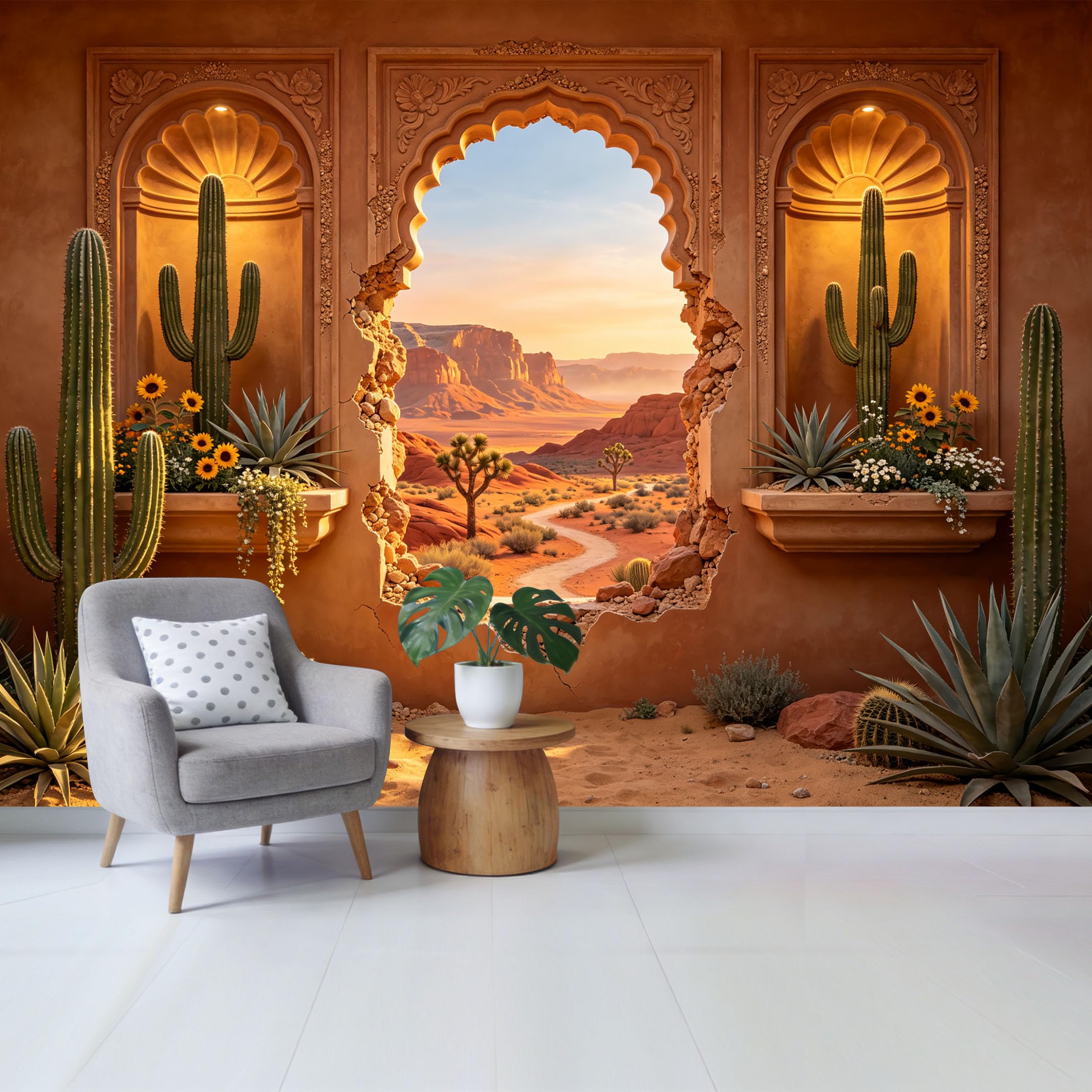 Custom Size Wall Mural Desert Canyon Landscape with Cactus and Succulent Plants Western Style Removable Self Adhesive Fabric Home Wall Decor for Living Room Bedroom Bathroom