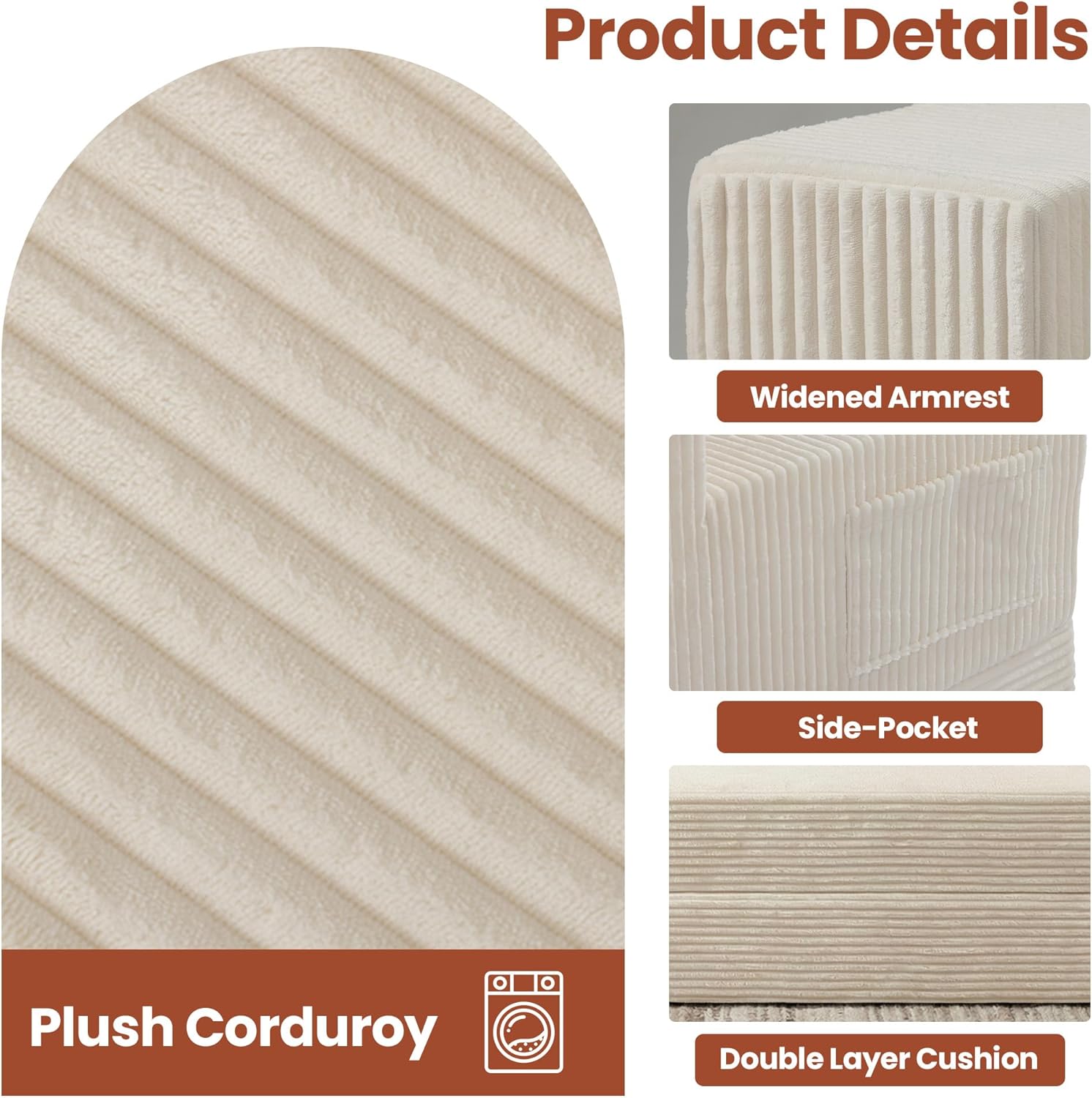 Boneless Couch 78 Inch, 2 in 1 Convertible Sofa Bed Corduroy 3 Seater Fold Out Couch Oversize Boneless Loveseat Sleeper Sofa with 3 Pillows for Living Room, Bedroom & Apartment - Image 7