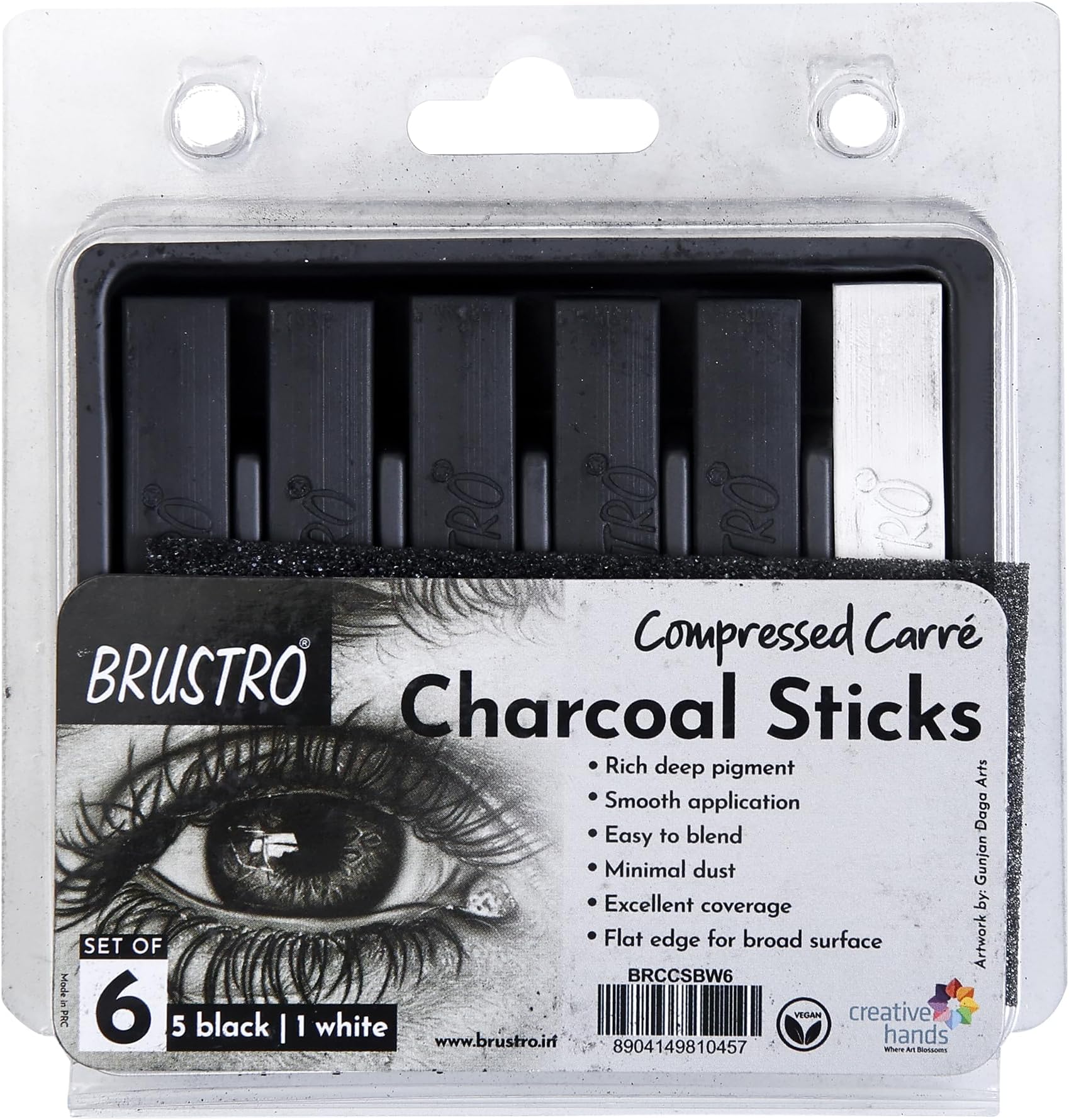 Brustro Artist Compressed Carre Charcoal Sticks - Set of 6 (5 Black & 1 White Stick) | Ideal for Portrait Charcoal Art, Sketching, Shading, Blending, Drawing, Craft, Professional use.