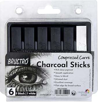 Brustro Artist Compressed Carre Charcoal Sticks - Set of 6 5 Black & 1 White Stick | Ideal for Portrait Charcoal Art, Sketching, Shading, Blending, Drawing, Craft, Professional use.
