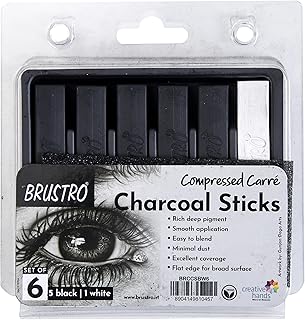 Brustro Artist Compressed Carre Charcoal Sticks - Set of 6 (5 Black &amp; 1 White Stick) | Ideal for Portrait Charcoal Art, Sk...