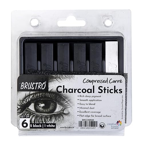Brustro Artist Compressed Carre Charcoal Sticks - Set of 6 (5 Black & 1 White Stick) | Ideal for Portrait Charcoal Art, Sketching, Shading, Blending, Drawing, Craft, Professional use.