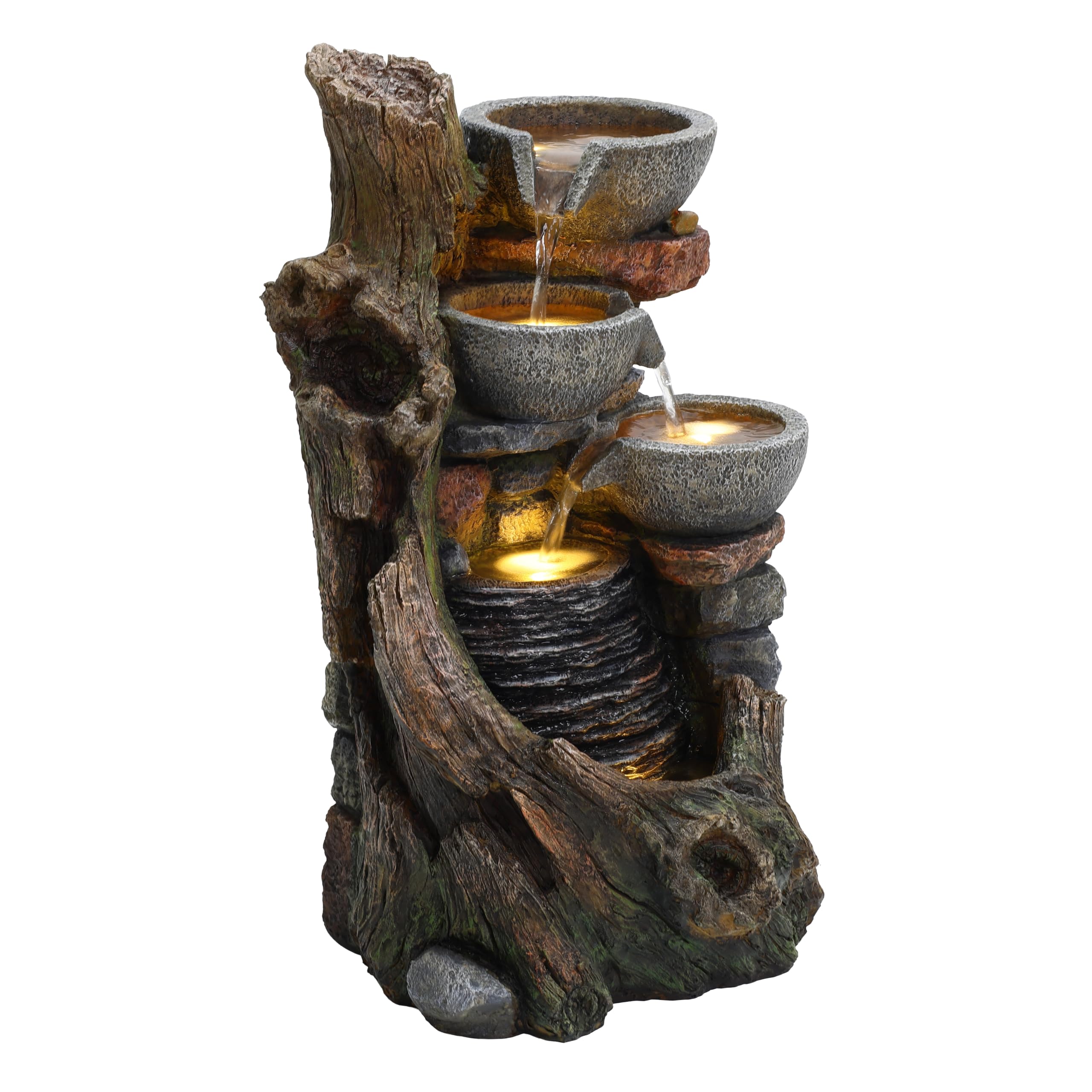 Fuente de Agua Exterior Eléctrica Rústica con 5 Luces LED, Cascada Decorativa Efecto Piedra y Madera para Jardín, Patio o Terraza, IP44 – Rustic Brook