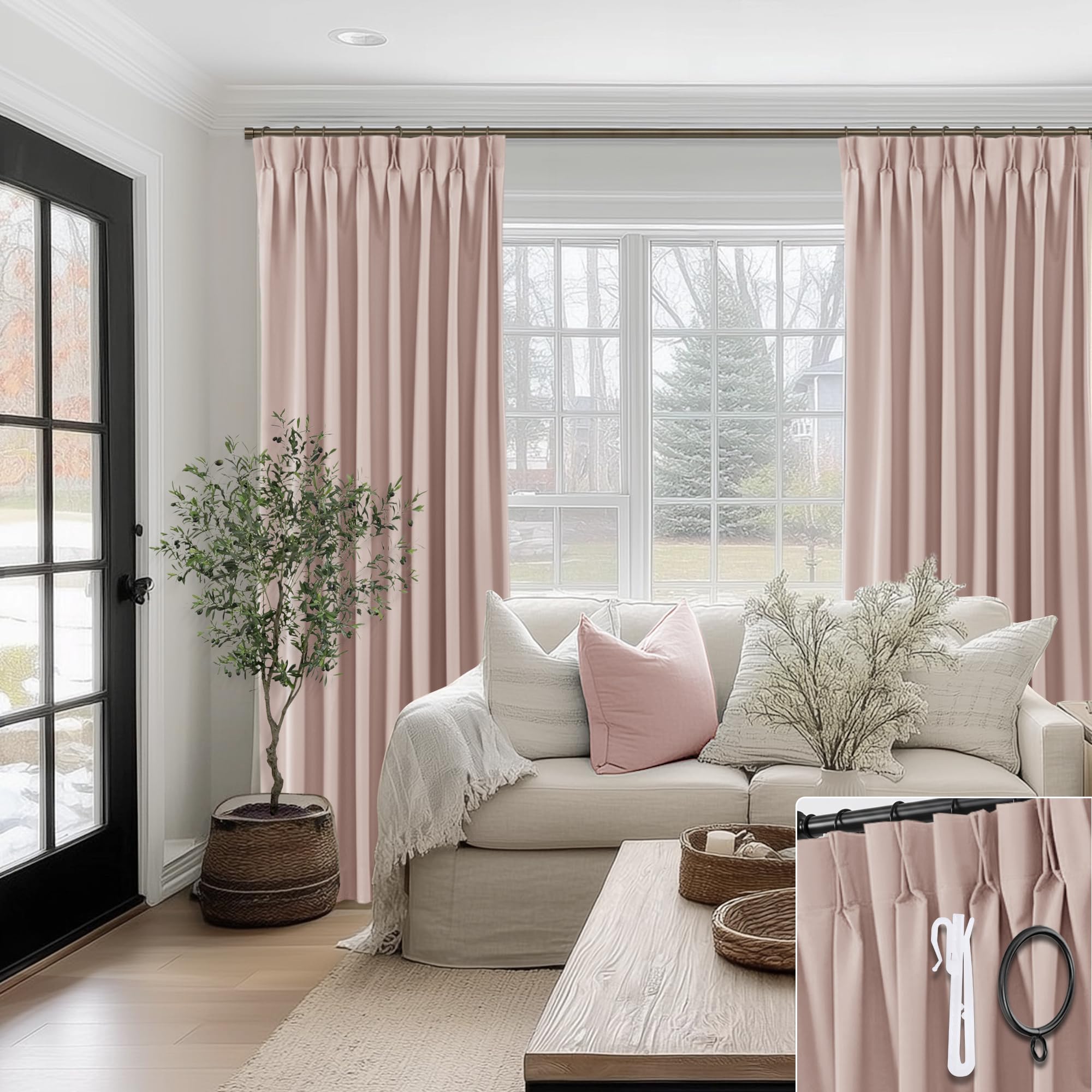 SHINELAND Dusty Rose Blush Pink Pinch Pleated Blackout Curtains, Pretty Neutral Linen Texture Curtains for Girls Room or Nursery Baby Girl, 84 Inches