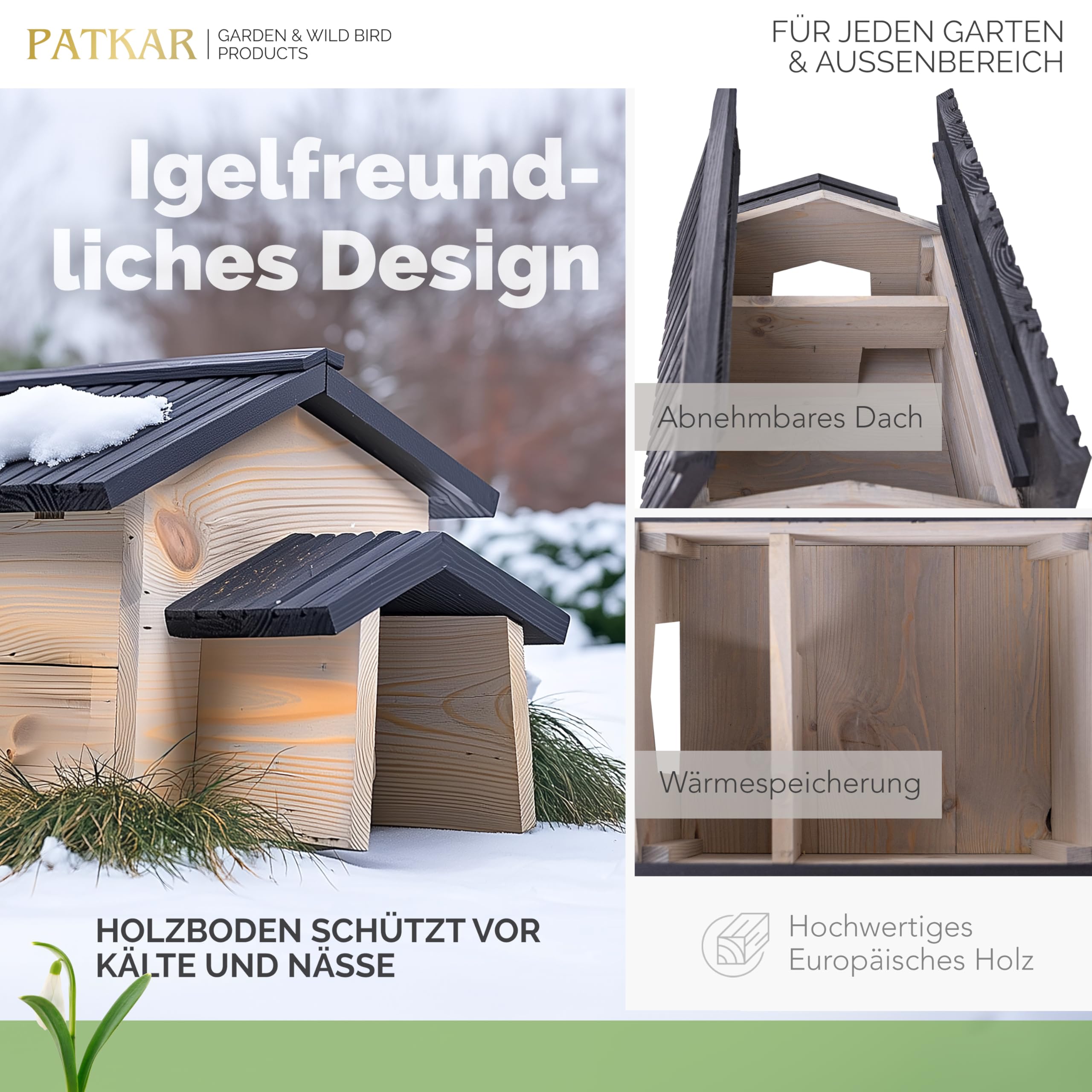 PATKAR Igelhaus Winterfest mit Boden Premium Igelfutterhaus Made in Europe Igel Haus Schlafhaus Futterhaus