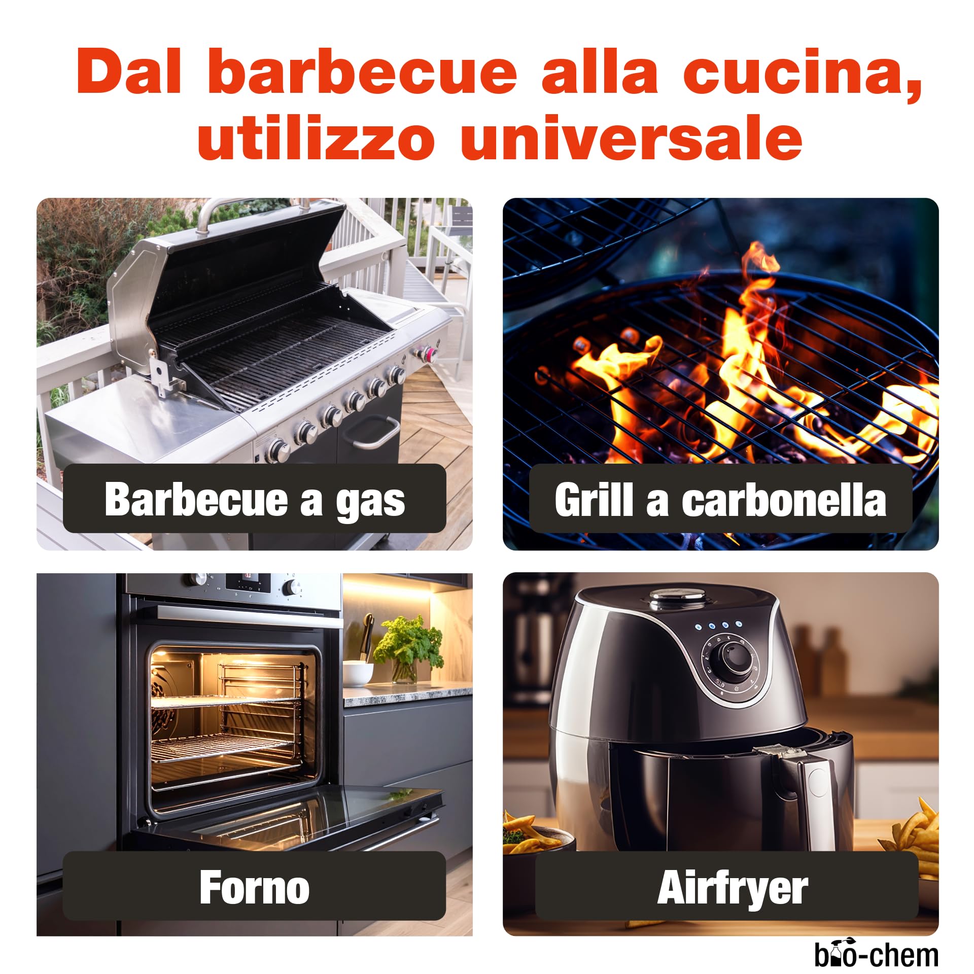 bio-chem - Detergente per Barbecue 750ml + Spazzola, Panno e Spugna - Spray per BBQ Pronto all'Uso, Ideale per L'Estate - Pulitore sgrassante per Griglie di Barbecue