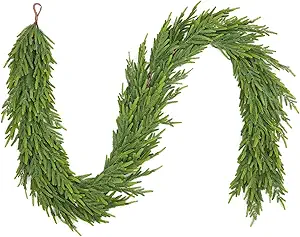 GarveeHome 9 Ft Realistic Christmas Garland, Real Touch Norfolk Pine Garland for Mantle, Dense Artificial Greenery Garland Decorations for Fireplace Stairs Railing Dining Table Indoor Outdoor, 1 Pcs