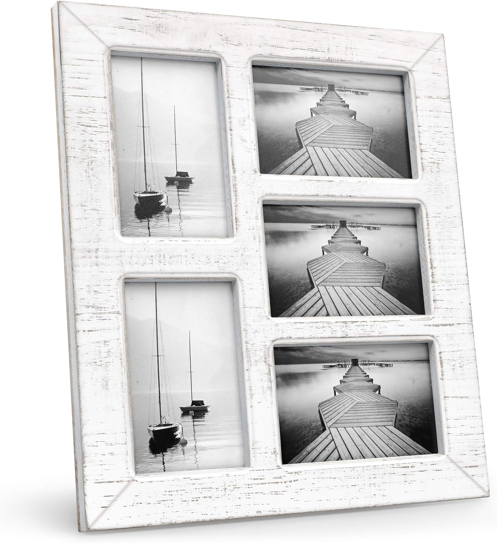 Barnyard DesignsRustic Farmhouse Picture Frame Collage, Display Multiple 4” x 6” Photos, Family Photo Board, Distressed Wood Frame Wall Decor, White, 15.75" x 13.75”