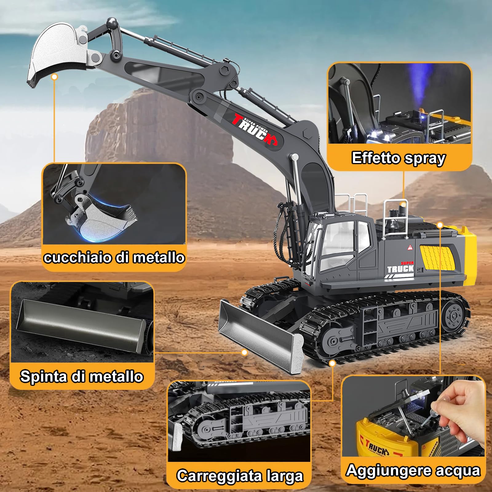 1:12 Escala 15 Canales Gran Excavadora teledirigida para niños, excavadoras radiocontroladas, con luces, sonido de funcionamiento, pala metálica, demo de un toque, pulverización simulada, 680°