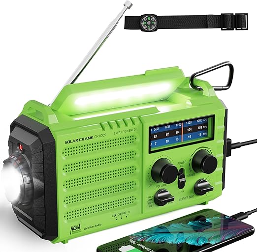 18500mWh Emergency Radio, Hand Crank Solar NOAA Weather Radio, AM/FM Portable Battery Operated Radio with 5-Way Power, Phone Charger, Flashlight& Lamp,Compass,Earbud Jack,SOS Alert for Home, Survival