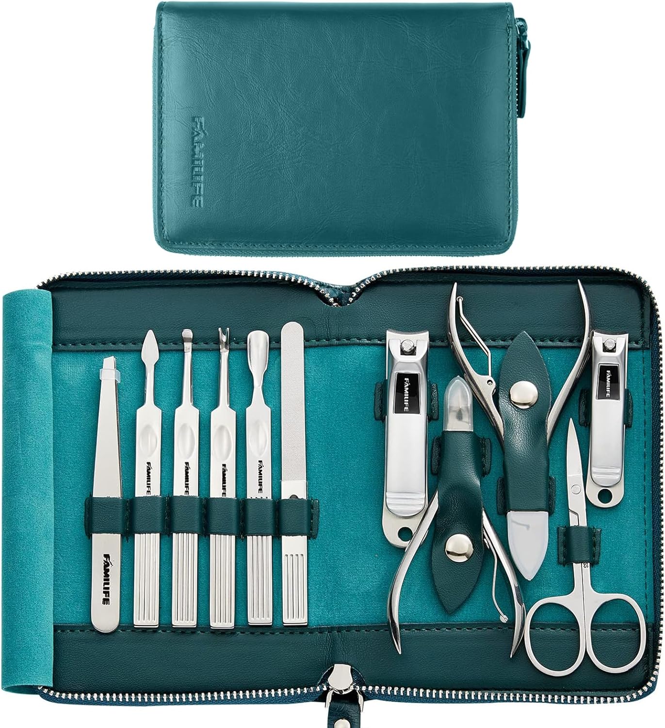 FAMILIFE Manicure Set Manicure Kit Manicure Set Professional Nail Clippers for Women 11Pcs Nail Grooming Kit Stainless Steel Pedicure Kit with Peacock Blue Leather Travel Case Nail Kit Men Women Gifts