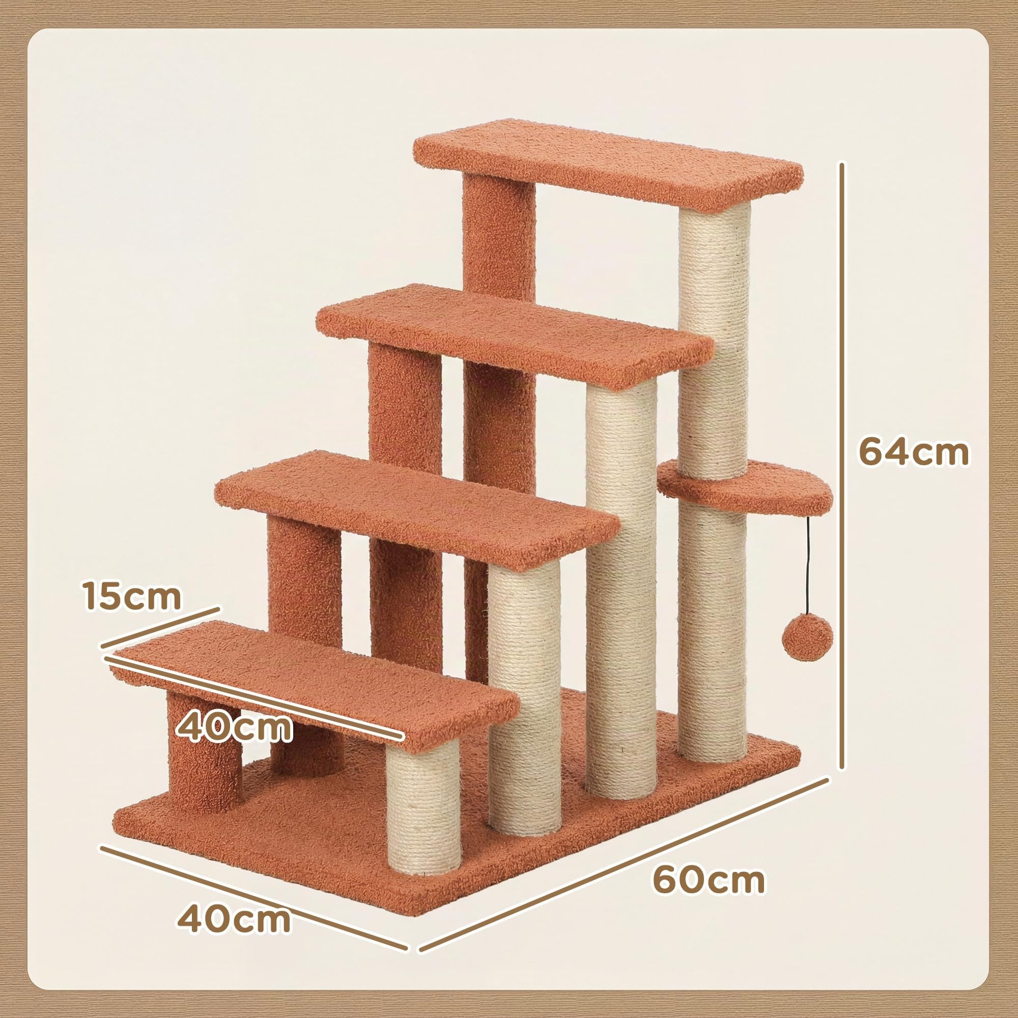 PawHut 4 livelli scale per gatti tappezzate per letto alto Marrone