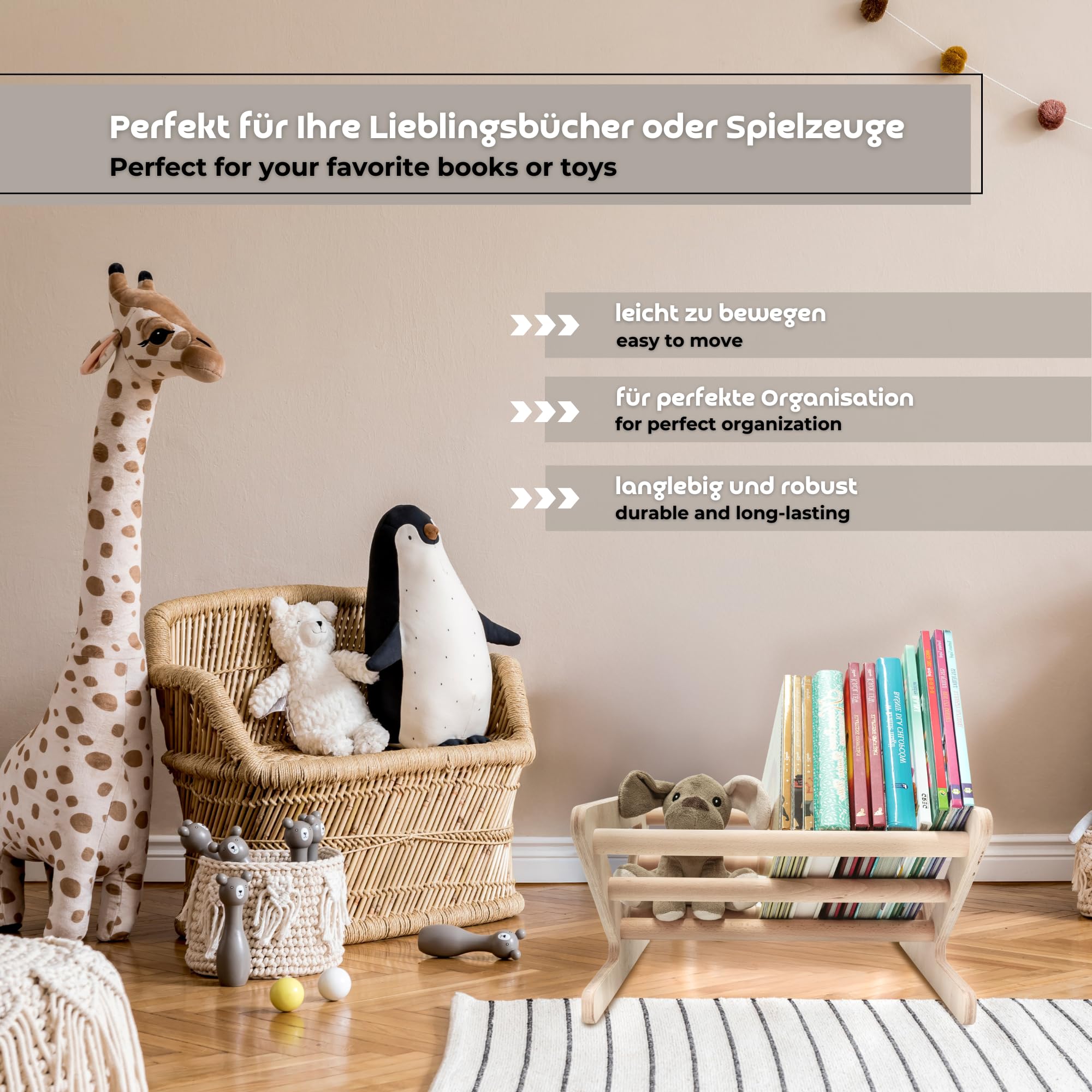 MAMOI® Kinderboekenkast van houtvezelplaat – boekenkist, kinderboekenkast, boekenkast voor kinderkamer, boekenbank, wandplank, Montessori kindermeubel, boekenrek voor kinderen