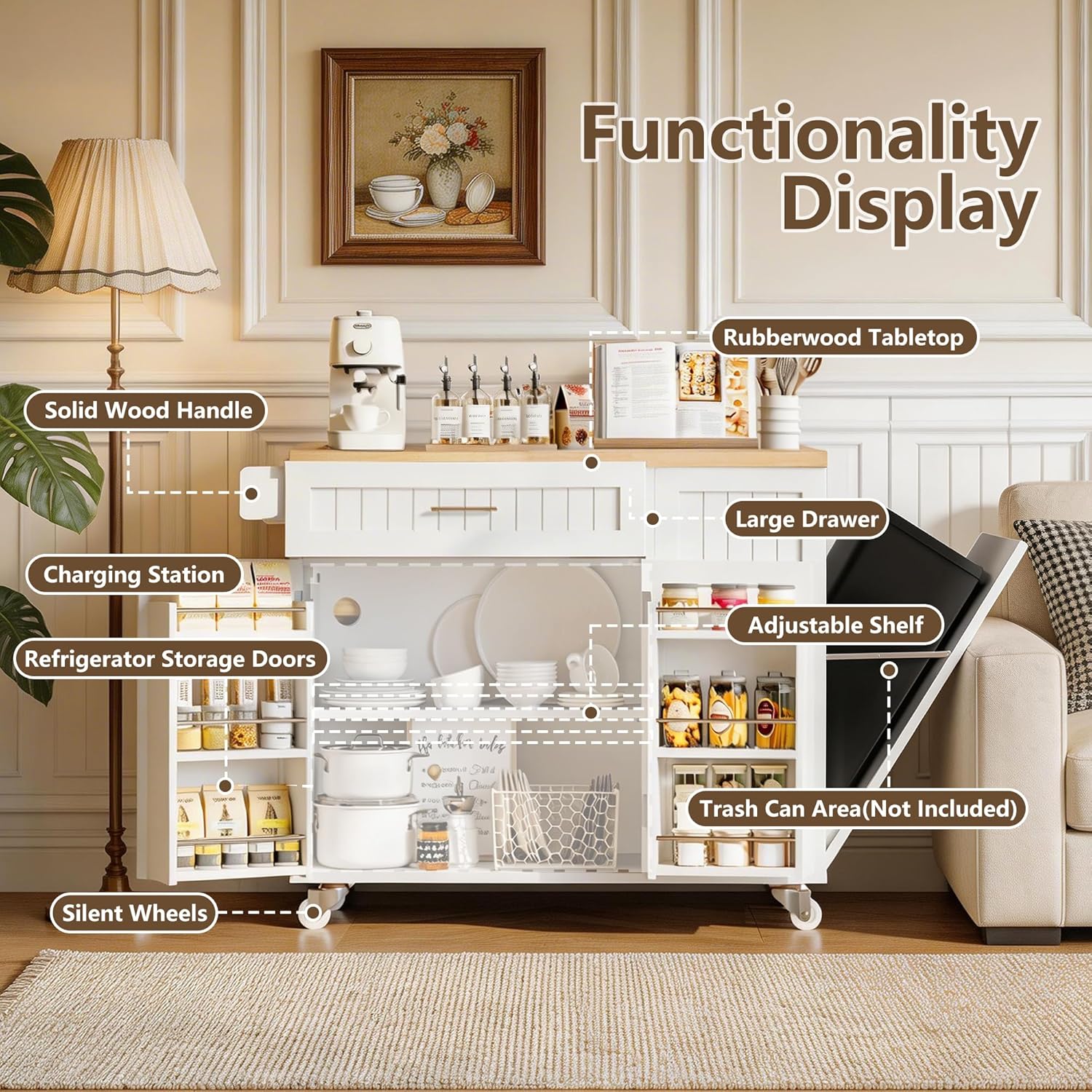 Kitchen Island with Outlet, Rolling Kitchen Cart Storage on Wheels with Drop Leaf, Trash Can Area, Spice Rack, Towel Bar, Adjustable Shelf, Drawer, Mobile Island Table for Kitchen