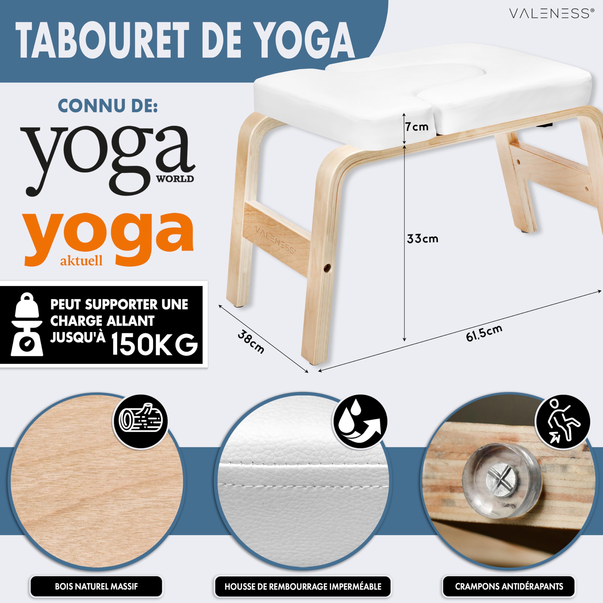VALENESS® Tabouret de yoga,Tabouret de yoga de qualité supérieure avec sangle de yoga,Chaise de yoga pour exercice de main en bois naturel massif,Équipement de yoga pour la maison