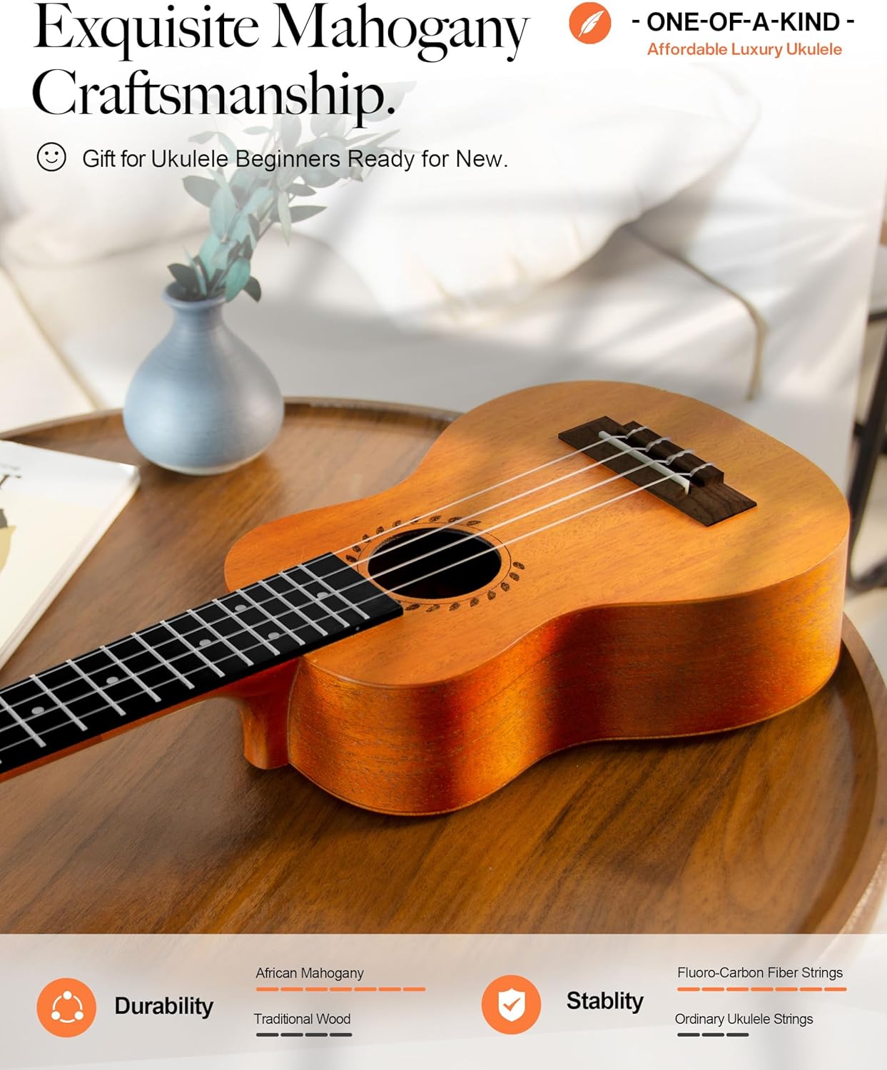 Caramel SAM48 Red African Mahogany 21" Soprano Ukulele for Beginner | Handmade Ukelele Starter Kit