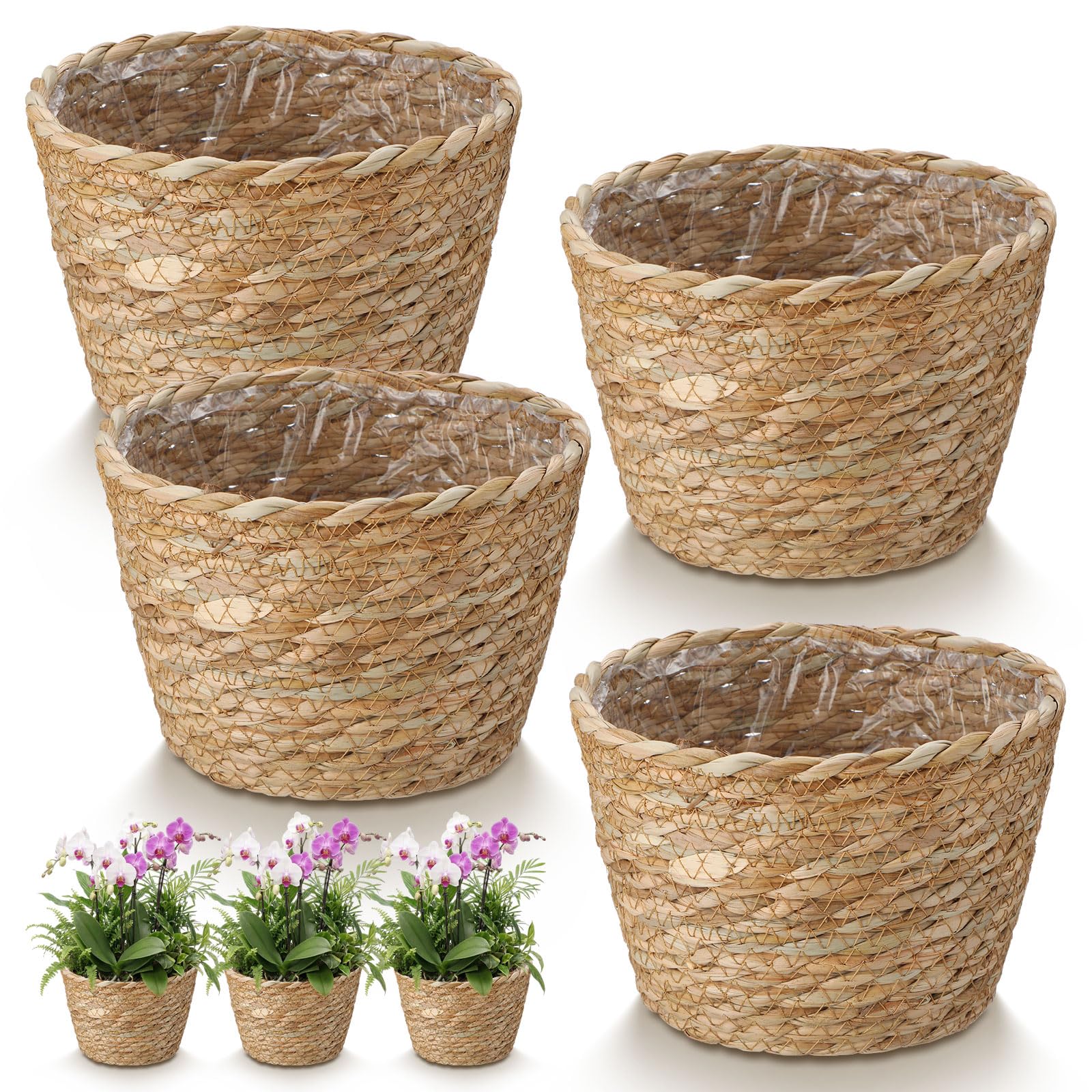 Photo 1 of Fiwochic 4 Pcs Straw Plant Baskets Indoor Rattan Woven Flower Baskets with Plastic Liner, Cattail Plant Planter for Indoor Outdoor Rustic Boho Home Farmhouse Floor Potted Pots Decor