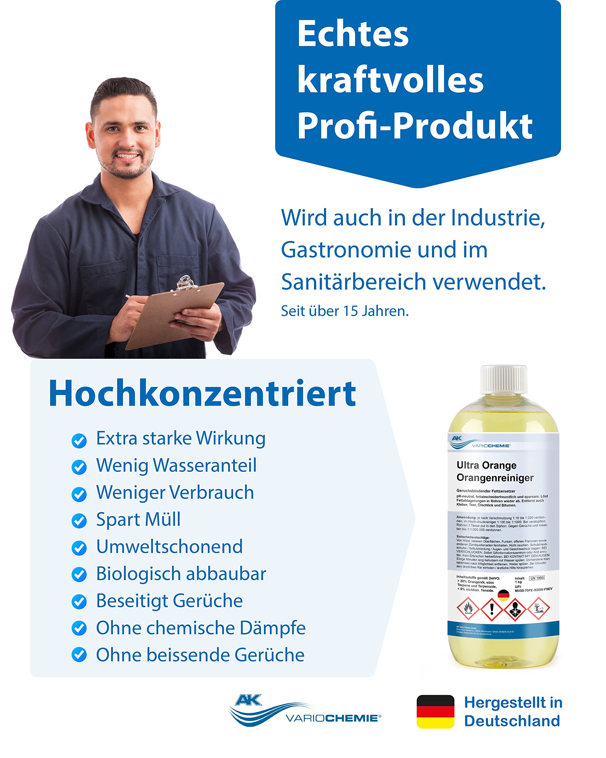 Orangenreiniger Konzentrat - ULTRA STARK - 75% Orangenterpene - 2 x 1L - biologisch abbaubar - löst hartnäckigste Verschmutzungen wie Kaugummi, Kleber, Fett & Flecken - AK VARIOCHEMIE Made in Germany