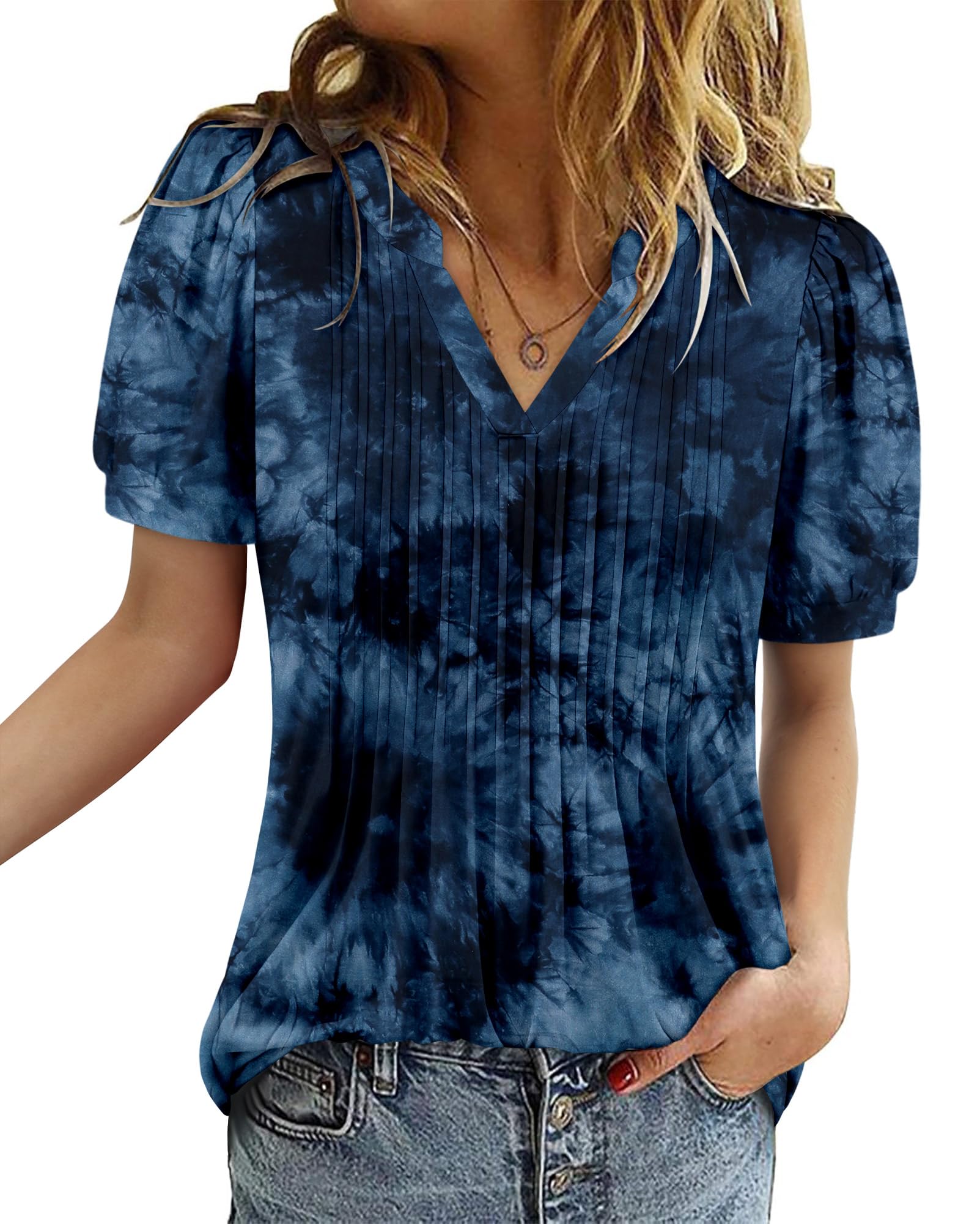 onlypuff Womens V Neck Pleated Tunic Tops Short Sleeve T-Shirt Summer Blouse Shirts S-3XL