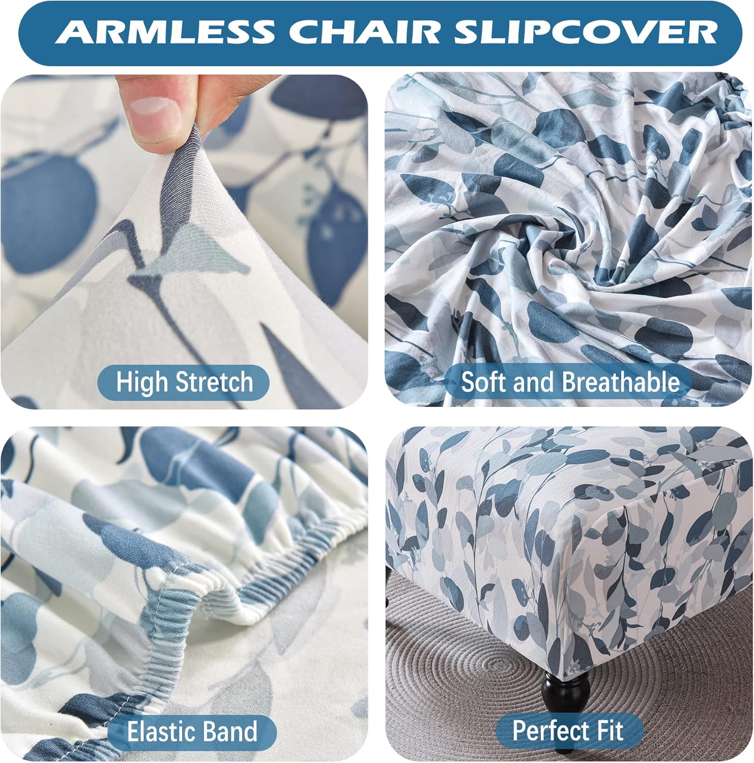 Armless Accent Chair Cover Slipcover, Stretch Chair Slipper Super Fit Armless Chair Furniture Protector Cover Slipcover for Living Room Hotel (2 Pack, Blue/White)