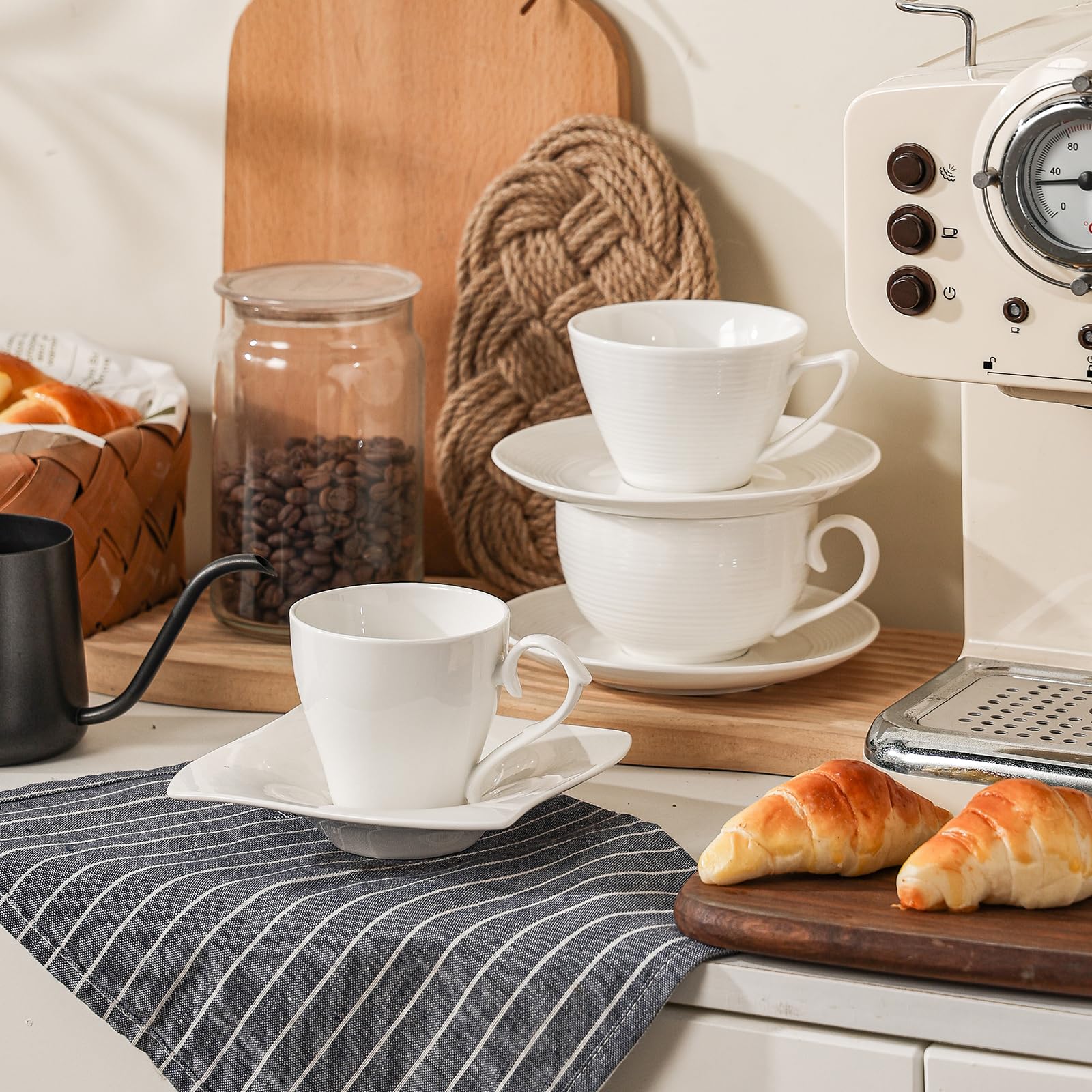 Juego de 4 tazas de café con platillos de 12 onzas, tazas de café de cerámica para capuchino, taza de té, platillo, tazas de café con leche, tazas para cocina, cafetería, microondas,