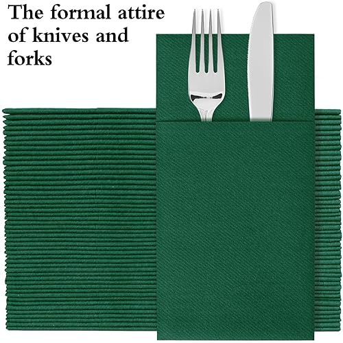 Miniatura 2 de Lylllwly Servilletas de papel verde desechables, servilletas de cena con bolsillo integrado para cubiertos, servilletas de tela, preplegadas para