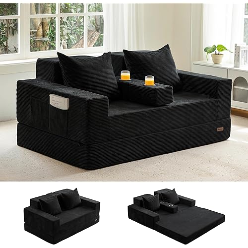 MAXYOYO Loveseat Sofa Bed, 4 in 1 Foldable Floor Sofa Couch in A Box with 2 Cup Holders, Convertible Boneless Couch Folding Recliner Sleeper Chair for Living Room, No Assembly Required, Black