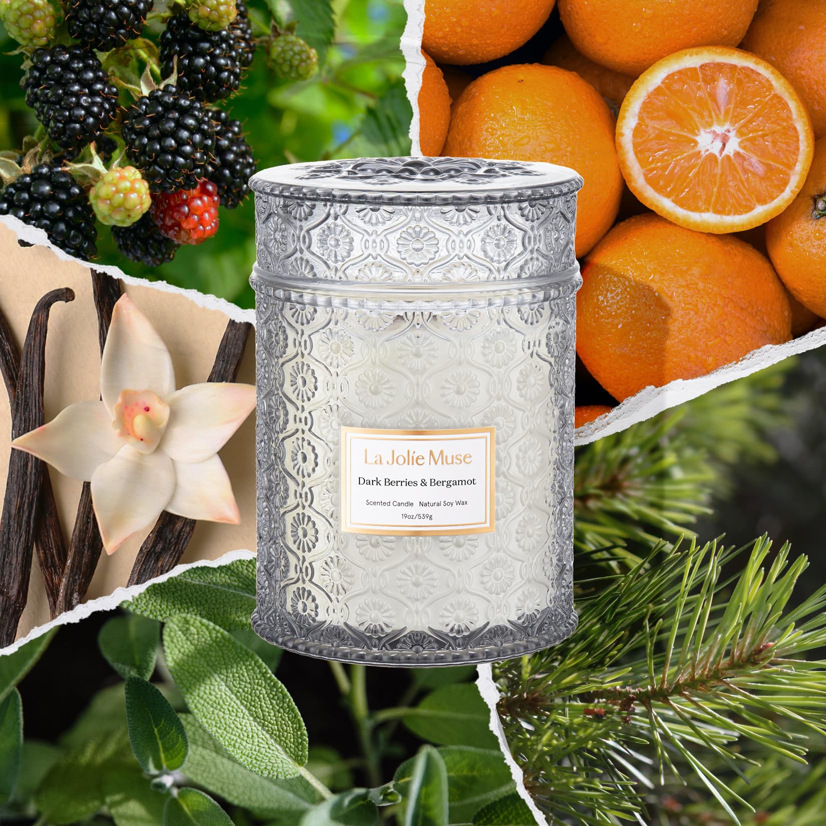 La Jolíe Muse Candela profumata frutti di bosco e bergamotto, cera naturale per la casa, 80 ore di combustione, arancia,ciliegia, vaniglia e patchouli, giara grande, 550 g
