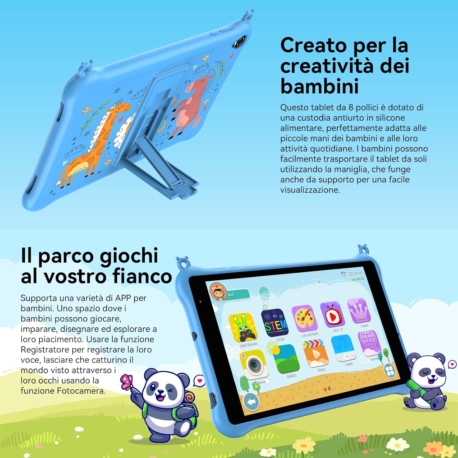 Blackview Tablet Bambini 8 Pollici, Tab 5 Kids Tablet Bambino Android 12 con 5GB+64GB/TF 1TB/Custodia EVA/Custodia Protettiva/5580mAh/Wifi/IKids Preinstallato/Controllo Parentalei Tablet Economico-Blu