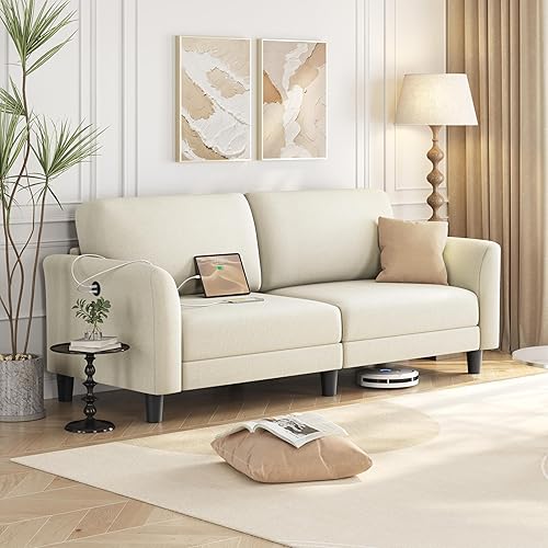 Yaheetech 67" W Fabric Sofa Couch 2 Seater Loveseat Sofa with USB Charging Ports Upholstered Sofa Living Room Office Bedroom, Beige